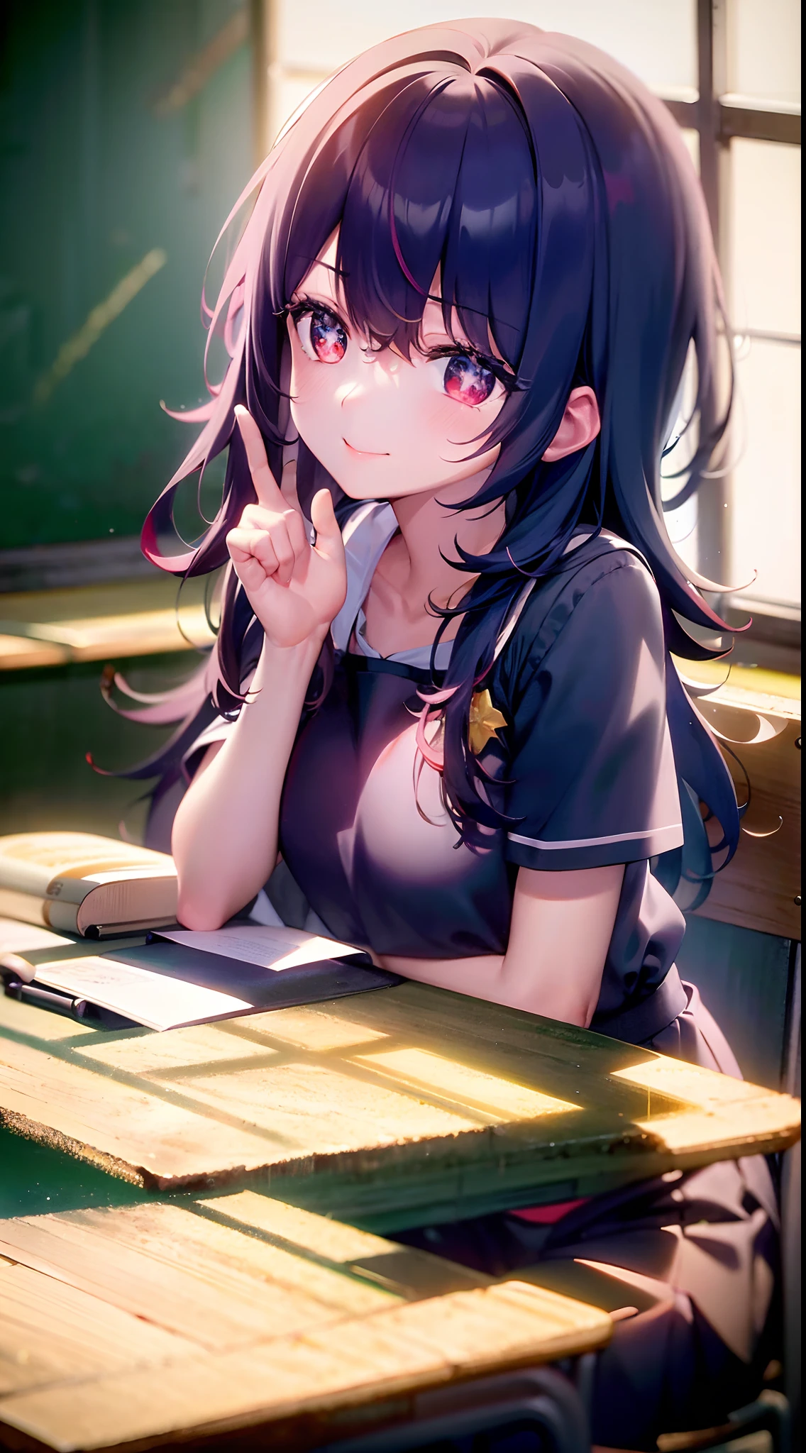 Empty classroom after school, classroom scene, sunlight shining in through the window, (a lazy cute girl lying on her desk, looking at the audience, Smile: 1.3), solo, hair ornament on left, (half-off JK school uniform), black summer short-sleeved school uniform, (red eyes, stars in the eyes), classroom, (desk), curtains, windows, front, fantasy, (upper body) (large classroom: 1.2) (large scene), medium and long shot, denim lens, (colorful: 1.2) (best quality: 1.2), master work, (high accuracy: 1.1), 8k resolution, (rich detail), delicate, clear background, noise reduction, complex details, super detailed, very detailed, complex, small details, CG, fresh