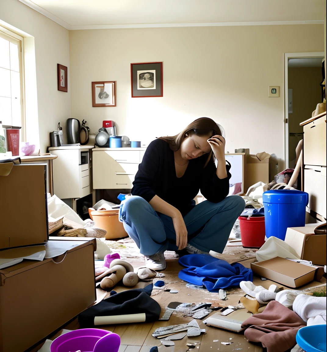 Woman in a messy house, with an expression of tiredness and confusion, Don't know how to tidy up, triste, precisando de ajuda