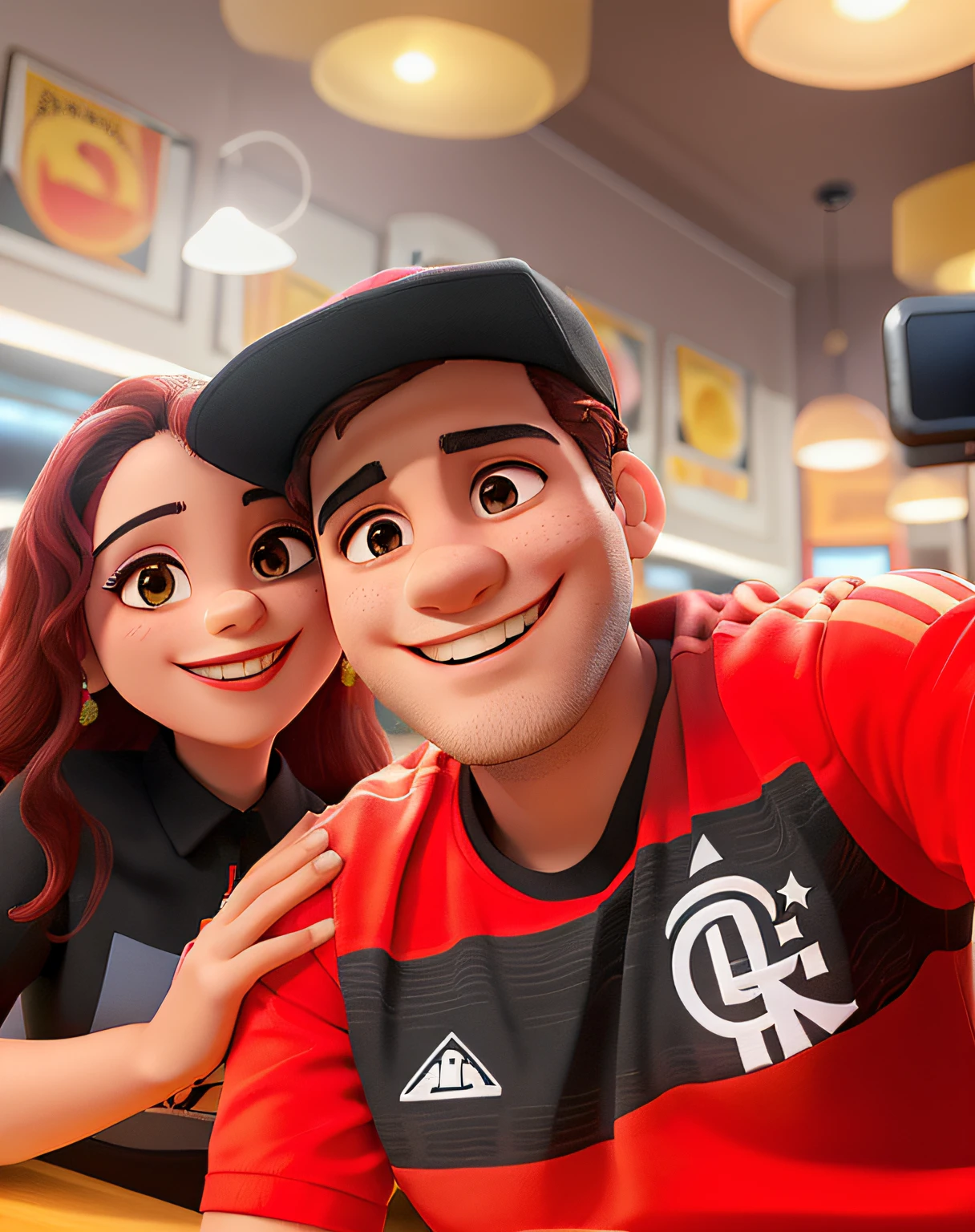 um casal feliz sorrindo em uma selfie dentro de um restaurante, He wore a red and black Flamengo shirt and cap, ela cabelos soltos sorrindo