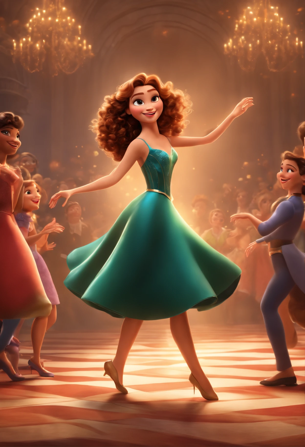 "(best quality,ultra-detalhado,Realistic:1.37),3D rendering,illustration,design de personagens,medium and curly hair lightened brunette ,belos olhos detalhados na cor mel, Estilo Pixar filme valente, White woman dancing on Disney stage,atmosfera animada,vivid colors,luzes de palco,expression joyful"