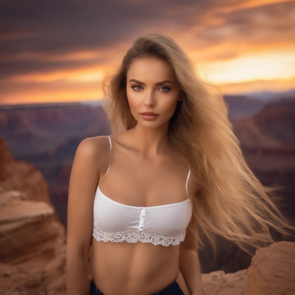 (photorealism:1.2), beautiful woman, full body, look like Mélanie THIERRY, sexy, in front of the great canyon, standing 3/4