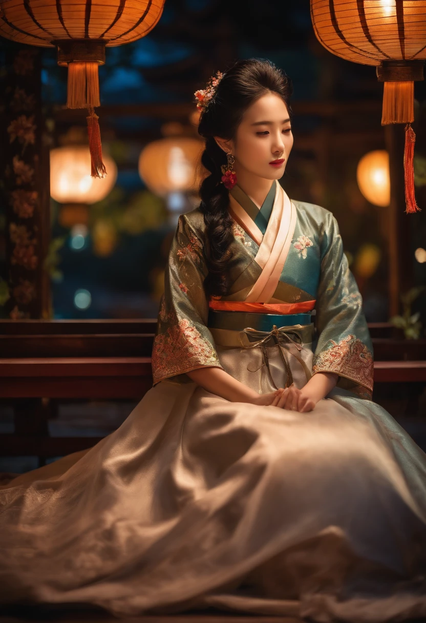 best quality, High_resolution, diferente_imagem, Antecedentes detalhados ,garota, Hanbok,flor,Jardim,lua, Noite,