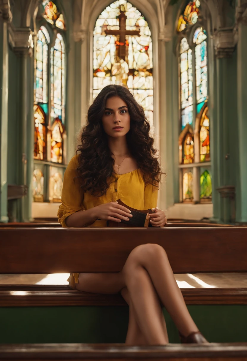 crie um banner no estilo Pixar. Uma menina morena clara, com olhos verde escuro, shoulder-length hair dark curly, She's inside an old church, Sitting on a bench playing a guitar