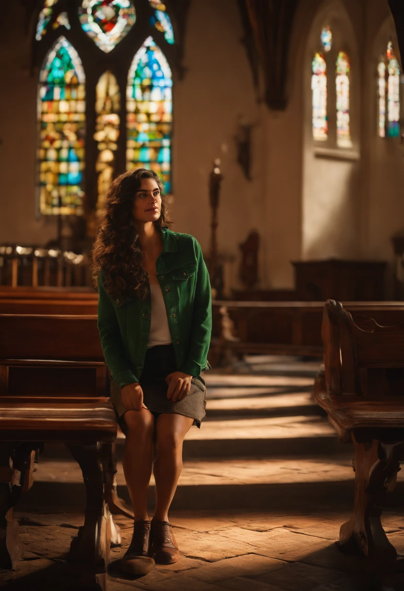 crie um banner no estilo Pixar. Uma menina morena clara, com olhos verde escuro, shoulder-length hair dark curly, She's inside an old church, Sitting on a bench playing a guitar