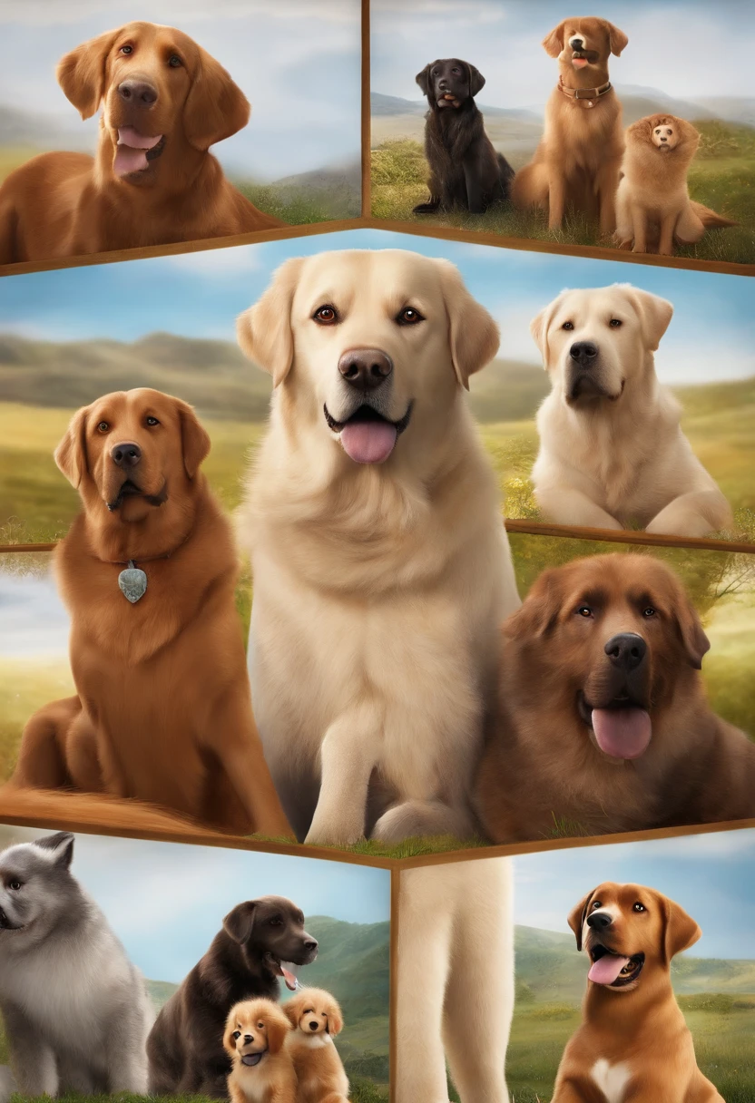 a Disney Pixar movie poster showing a white-skinned family. The father is the tallest, Tem cavanhaque longo, levemente grisalho, cabelos curtos e espinhosos , magro. Mom has straight black eyes and hair, below the shoulders and is slightly overweight. A menina tem 8 anos e cabelos castanhos claro levemente ondulado , outra filha tem 22 anos cabelo castanho escuro trajando roupa jovem, The family dog is a Labrador breed with a light caramel color . the background is a square . 3D-rendering