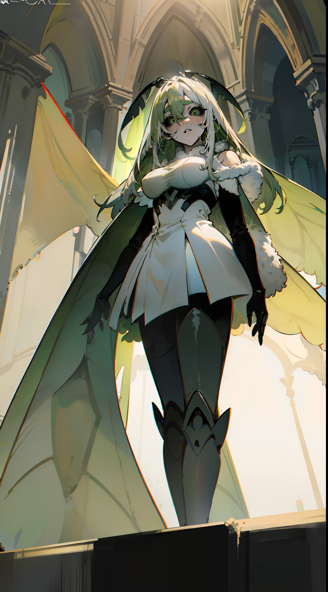 pele branca, corpo branco, Esclera Negra, menina da mariposa, sorrir, olhos verdes,cabelos verdes,Standing in a castle,master part,disco Rigido,Ultra Qualidade,16k,cara de menina detalhada