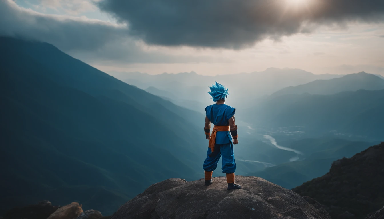 Super Saiyan Blue Goku, outdoors Martial arts training, standing atop a huge mountain