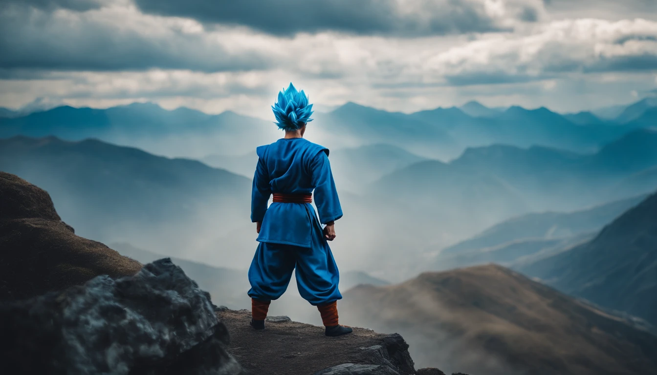 Super Saiyan Blue Goku, outdoors Martial arts training, standing atop a huge mountain
