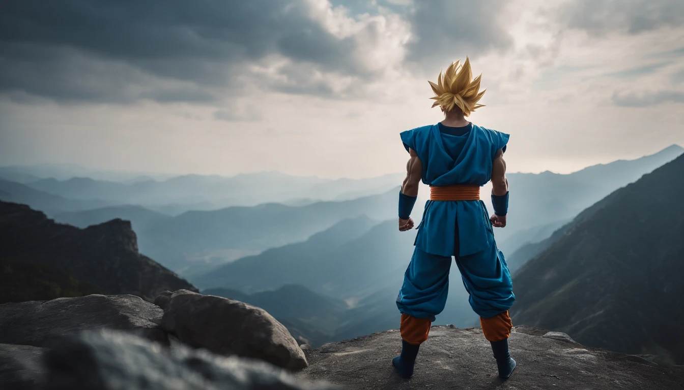 Super Saiyan Blue Goku, outdoors Martial arts training, standing atop a huge mountain