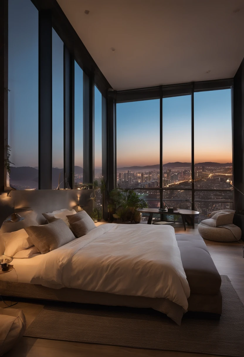 um quarto moderno, cheio de elementos de cor, com uma janela com a vista para o rio de janeiro e uma mulher sentada em cima da cama lendo um livro. On top of it is the phrase ́ ́ black friday King Star , with up to 70% Discount ́ ́.