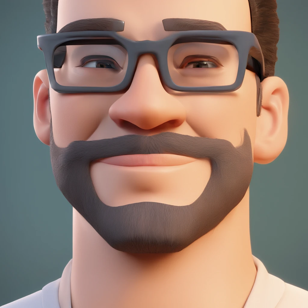 Criar um personagem no estilo Pixar. Trata-se de um homem de 30 anos, com barba, Branco, com cabelos castanhos curtos e um quiff, e olhos verdes. Ele deve estar na frente de um computador, Trabalhar como designer