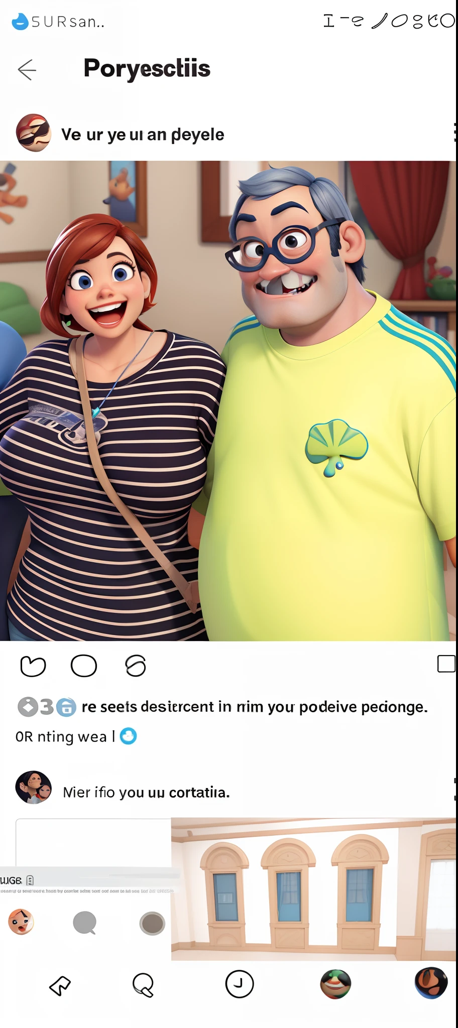 Imagem estilo Pixar,3d,casal em em uma sala,felizes.