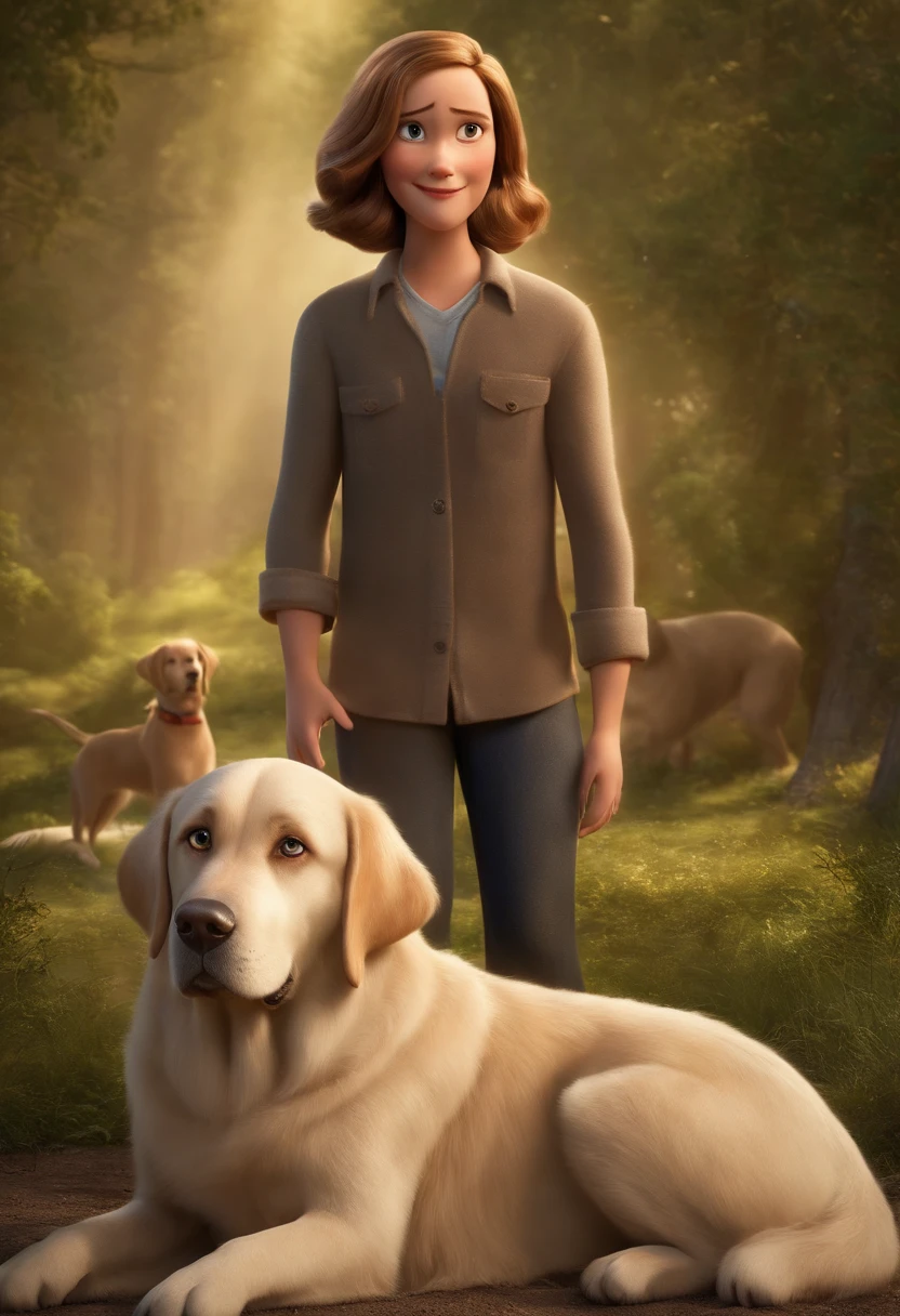 a Disney Pixar movie poster showing a white-skinned family. The father is the tallest, Tem cavanhaque longo, levemente grisalho, cabelos curtos e espinhosos , magro. Mom has straight black eyes and hair, below the shoulders and is slightly overweight. A menina tem 8 anos e cabelos castanhos claro levemente ondulado , outra filha tem 22 anos cabelo castanho escuro trajando roupa jovem, The family dog is a Labrador breed with a light caramel color . the background is a square . 3D-rendering