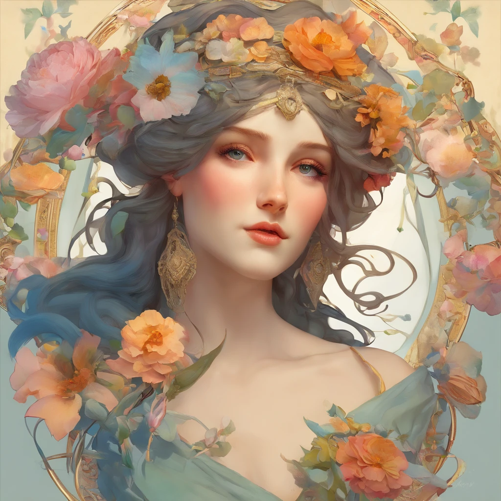 Uma pintura em aquarela ultrafina detalhada de uma mulher linda com flores em seu cabelo, no estilo de Alphonse Maria Mucha e Gustav Kilmt, Acentos Art Nouveau, princesa fada, anthropomorphic female, figura feminina, arte detalhada da capa, como a deusa das flores, Alphonse Mucha, Gustavo Klimt, pale bluish skin, a marble sculpture, CGSetnation, gothic art, Arte Nova, Vencedor do concurso Behance