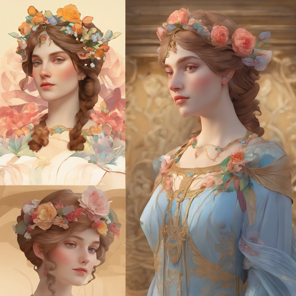 Uma pintura em aquarela ultrafina detalhada de uma mulher linda com flores em seu cabelo, no estilo de Alphonse Maria Mucha e Gustav Kilmt, Acentos Art Nouveau, princesa fada, anthropomorphic female, figura feminina, arte detalhada da capa, como a deusa das flores, Alphonse Mucha, Gustavo Klimt, pale bluish skin, a marble sculpture, CGSetnation, gothic art, Arte Nova, Vencedor do concurso Behance