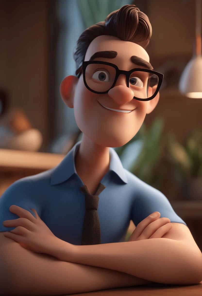Cartoon character of a man with black glasses and a blue shirt, animation character, Caractere estilizado, animation style rendering, 3D estilizado, Arnold Maya render, 3 d render stylized, toon render keyshot, Personagem 3D, Personagem 3D, 3d rendering stylized, 3 d character render, personagem de desenho animado, Personagem de close up, Pose de personagem, (Estilo Pixar) (master part:1.2) (Bokeh) (best quality) (pele detalhada) (textura detalhada) (8k) (argila) (Cinematic lighting) (foco nítido