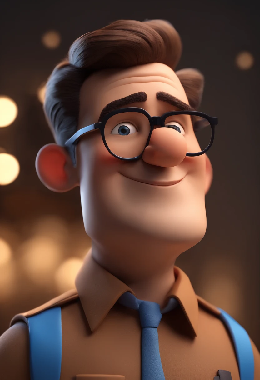 Cartoon character of a man wearing black glasses and a blue shirt, um personagem animado, Caractere estilizado, animation style rendering, 3D estilizado, Arnold Maya render, 3 d render stylized, toon render keyshot, Personagem 3D, Personagem 3D, 3d rendering stylized, 3 d character render, personagem de desenho animado, Personagem de close up, Pose de personagem, (Estilo Pixar) (master part:1.2) (Bokeh) (best quality) (pele detalhada) (textura detalhada) (8k) (argila) (Cinematic lighting) (foco nítido，Senta e vaza a parte superior do corpo