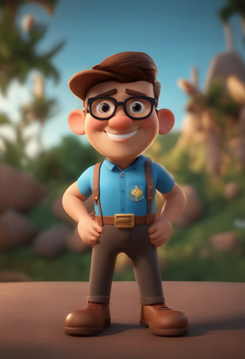 Cartoon character of a man wearing black glasses and a blue shirt, um personagem animado, Caractere estilizado, animation style rendering, 3D estilizado, Arnold Maya render, 3 d render stylized, toon render keyshot, Personagem 3D, Personagem 3D, 3d rendering stylized, 3 d character render, personagem de desenho animado, Personagem de close up, Pose de personagem, (Estilo Pixar) (master part:1.2) (Bokeh) (best quality) (pele detalhada) (textura detalhada) (8k) (argila) (Cinematic lighting) (foco nítido,Senta e vaza a parte superior do corpo