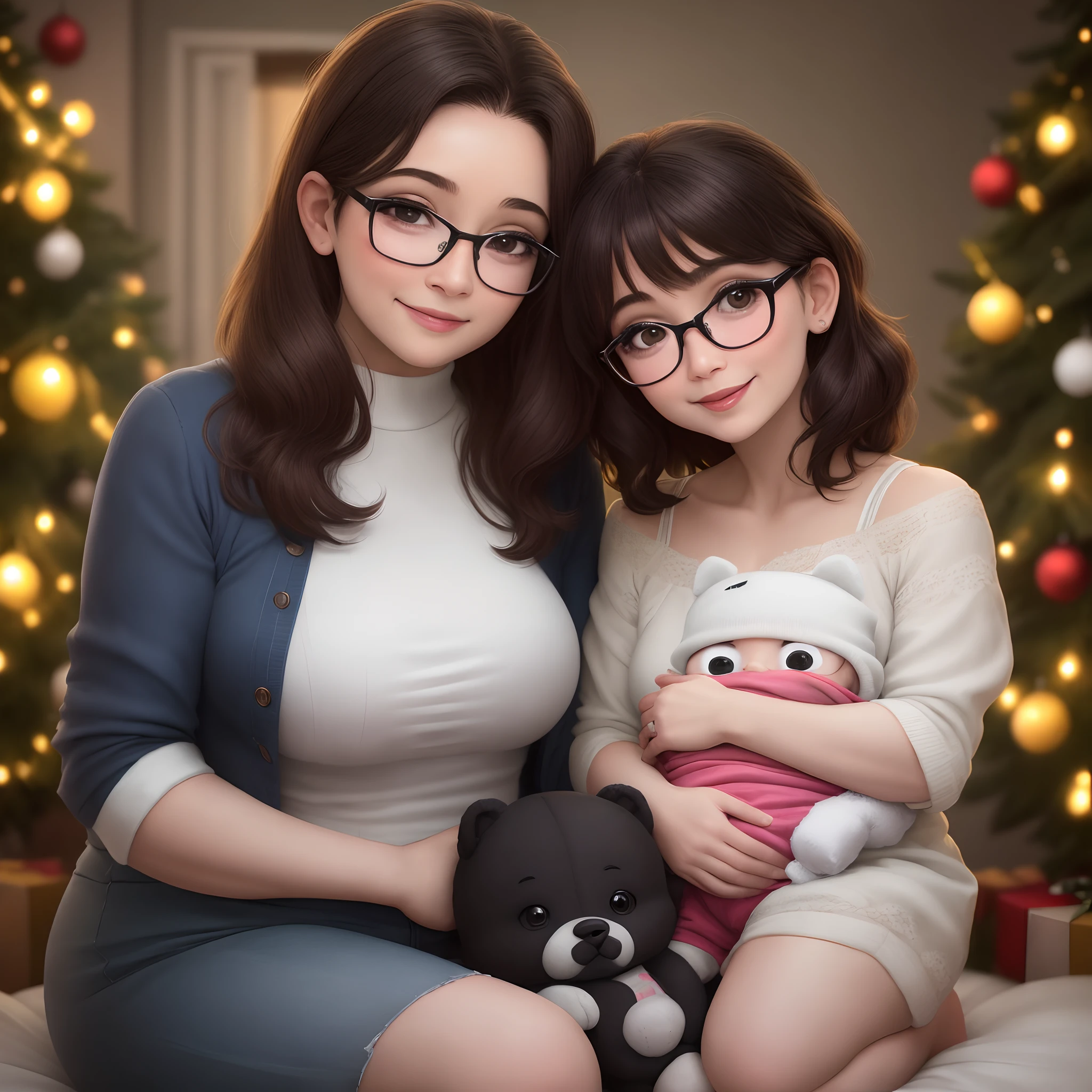A family in a Christmas setting. The first person is a 4-year-old girl, pele clara, cabelos castanhos e cacheados mas pontas, olhos castanhos amendoados. The second person is a 34-year-old woman, pele clara, cabelos castanhos e lisos, olhos castanhos, She wears thin, white rimmed glasses and is very thin. The third person is a 40-year-old man, cabelos pretos cacheados, barba preta, Brown eyes and square-framed and black glasses. The fourth person is a one-year-old baby, pele clara, olhos castanhos e pouco cabelo, na cor castanha