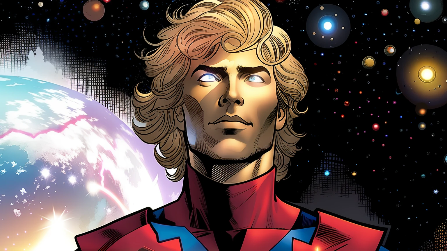 A man in a red and blue suit standing in front of a galaxy, Adam Warlock, personagem de quadrinhos, cabelo loiro,olhos brilhantes dourados, pele dourado, heroic pose