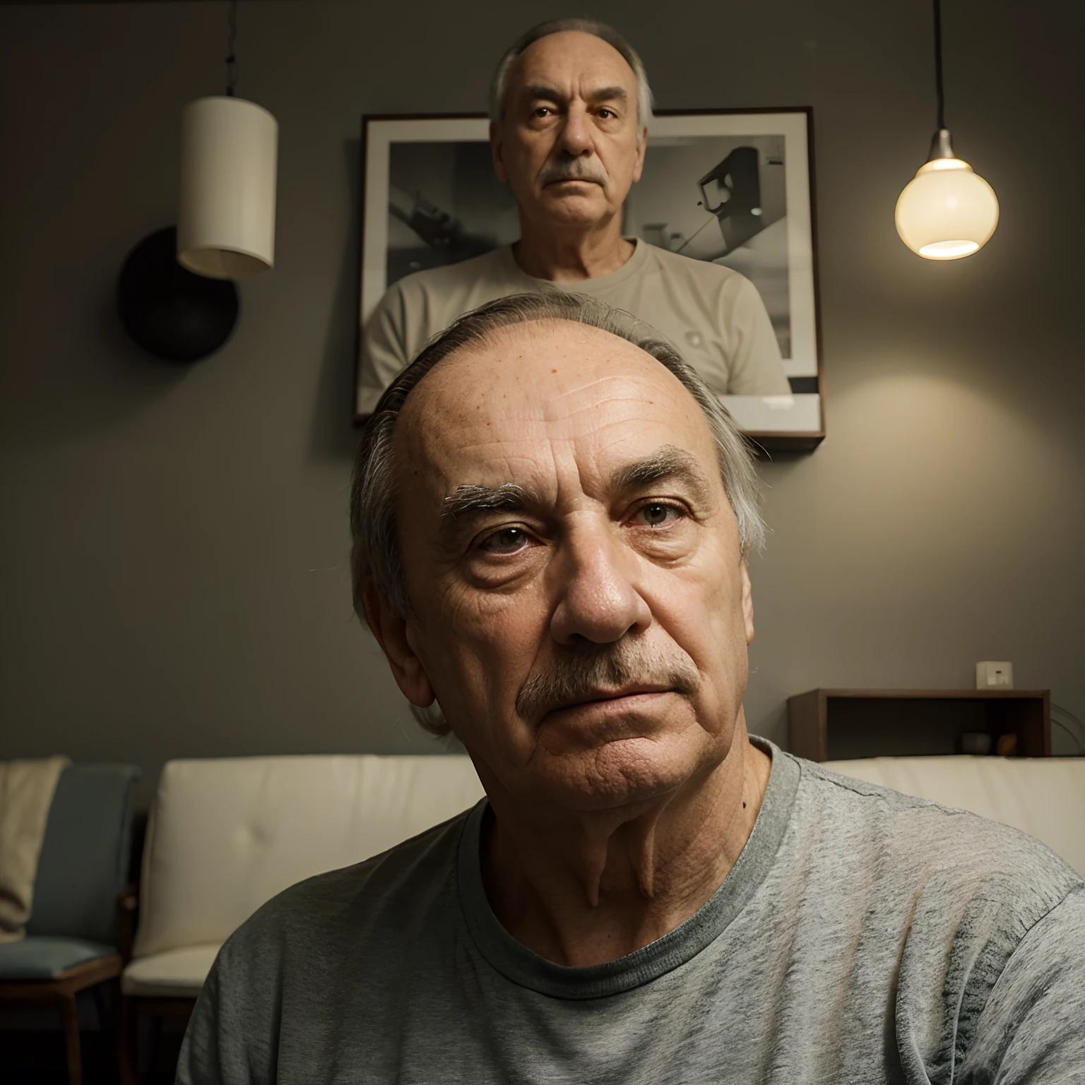 Generates a realistic illusion of Josef Fritzl in a gloomy room with strange objects on the wall in the background.