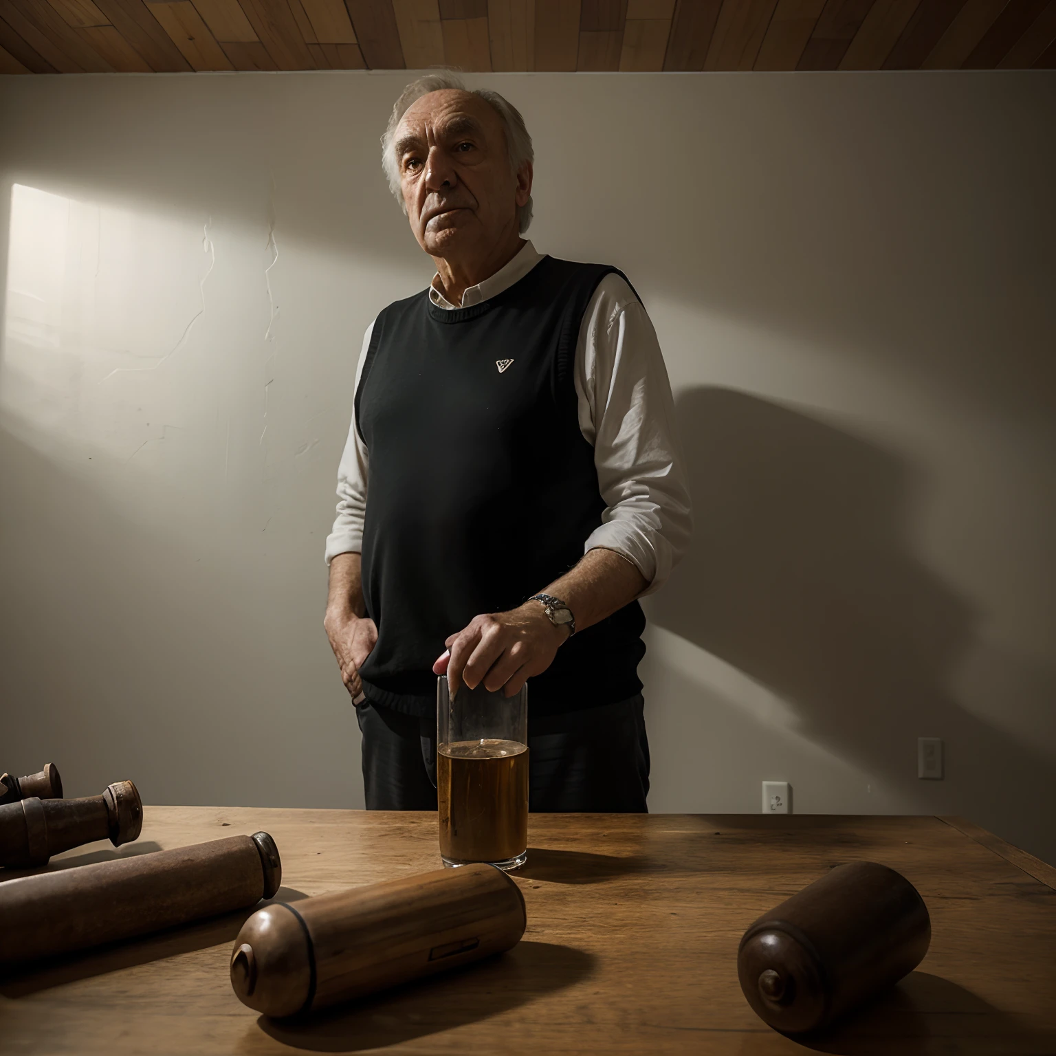 Generates a realistic illusion of Josef Fritzl in a gloomy room with strange objects on the wall in the background.