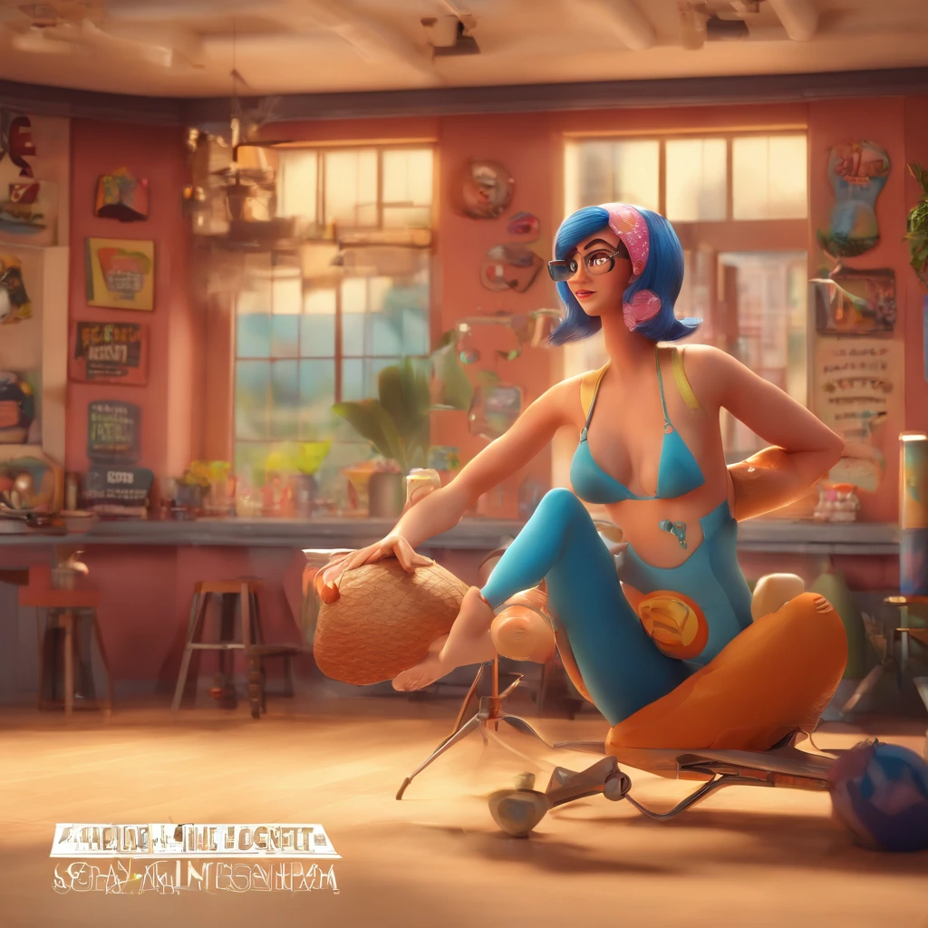 create a 3D movie poster inspired by Disney Pixar, The scene should be in Pixar's signature digital art style, com uma imagem caricatural que lembra a cantora brasileira "Anita" in the prone position, Wearing a bikini while a tattoo artist is sitting tattooing with a giant ring on one hand, inside a tattoo parlor.