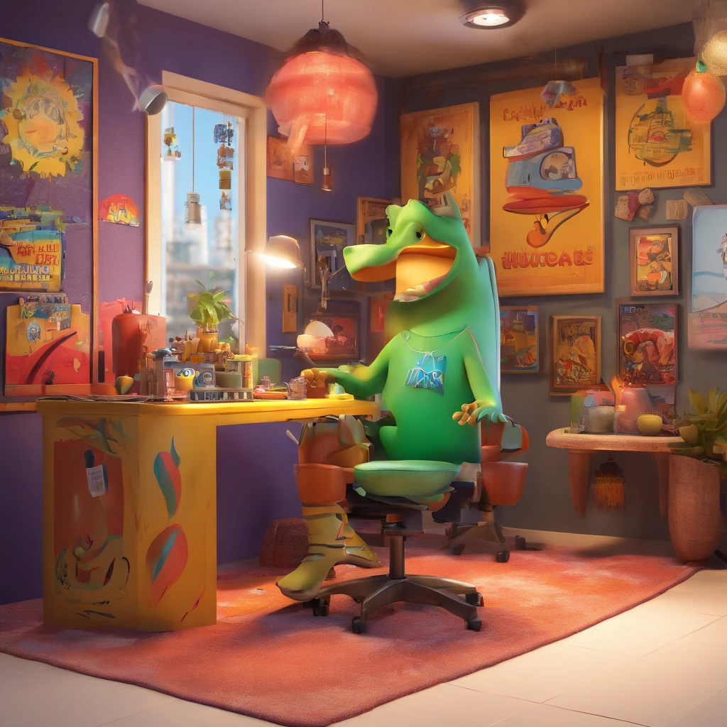 create a 3D movie poster inspired by Disney Pixar, The scene should be in Pixar's signature digital art style, com uma imagem caricatural que lembra a cantora brasileira "Anita" in the prone position, Wearing a bikini while a tattoo artist is sitting tattooing with a giant ring on one hand, inside a tattoo parlor.