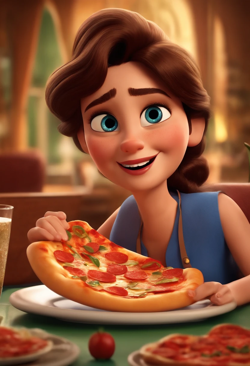cartaz ao estilo filme da disney pixar, melhor qualidade e renderizado 3d, de um casal bonito e elegante com uma filha comendo pizza no restaurante. the name of the movie is À Lenha Pizzeria