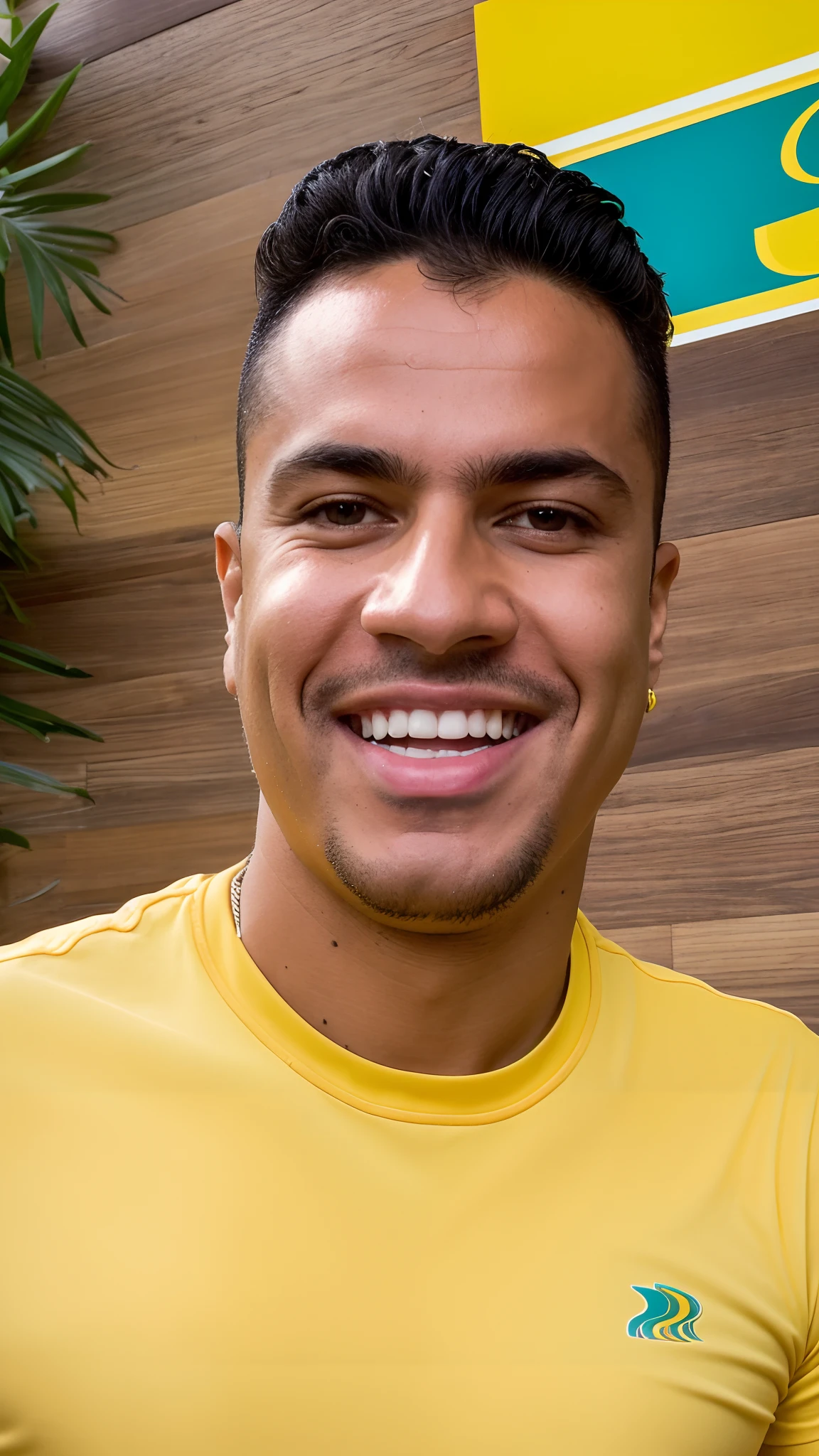 smiling man in yellow shirt with a donut in his hand, caio santos, icaro carvalho, david rios ferreira, by Nándor Katona, carmelo blandino, Henry Alvim Correa, ronaldo nazario, ronaldo nazario fenomeno, frontal picture, edu souza, by Felipe Seade, dan dos santos