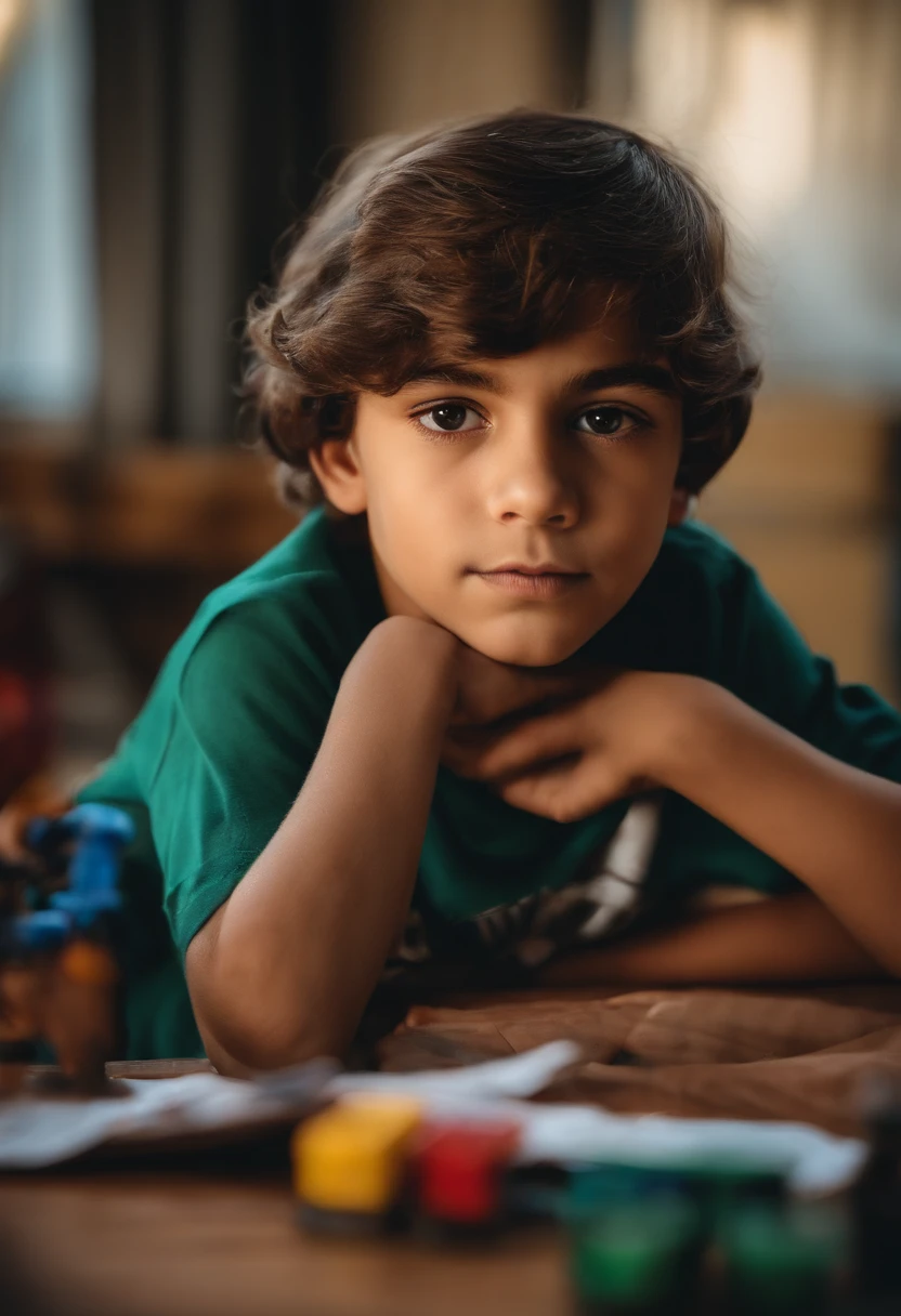 Imagem de um com pele clara, cabelos claros e lisos, 8 anos de idade, Paints under the eyebrow he loves sports and video games