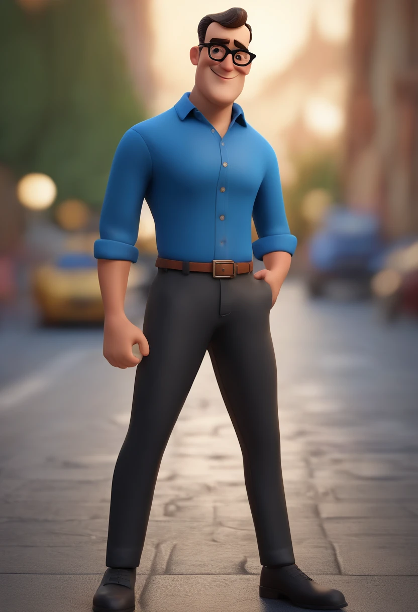 Cartoon character of a man wearing black glasses and a blue shirt, um personagem animado, Caractere estilizado, animation style rendering, 3D estilizado, Arnold Maya render, 3 d render stylized, toon render keyshot, Personagem 3D, Personagem 3D, 3d rendering stylized, 3 d character render, personagem de desenho animado, Personagem de close up, Pose de personagem, (Estilo Pixar) (master part:1.2) (Bokeh) (best quality) (pele detalhada) (textura detalhada) (8k) (argila) (Cinematic lighting) (foco nítido,Senta e vaza a parte superior do corpo