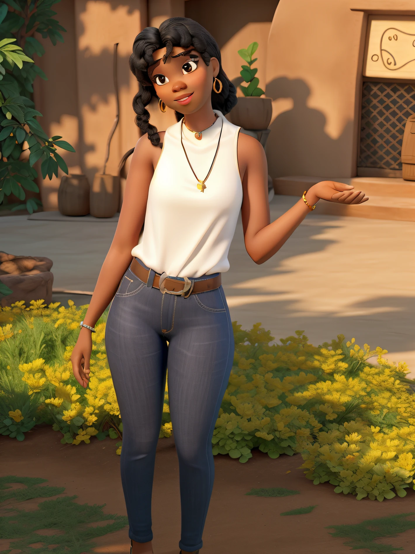 Beautiful 22 year old East African woman with frame and small perky breasts standing and posing on a bridge with a waterfall in the background, jeans and t-shirt, braids, dark brown skin, full-body portrait hyperrealism