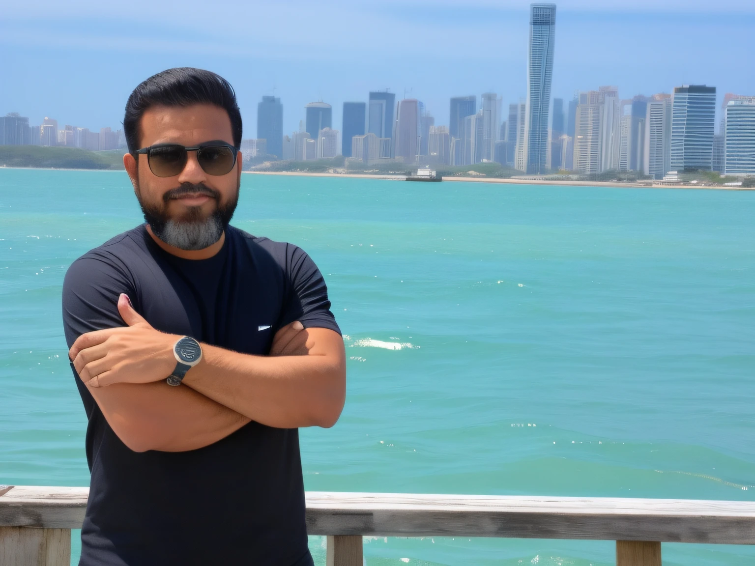There's a man standing on a pier with his arms crossed,  com uma cidade em segundo plano, Arte em primeiro plano.