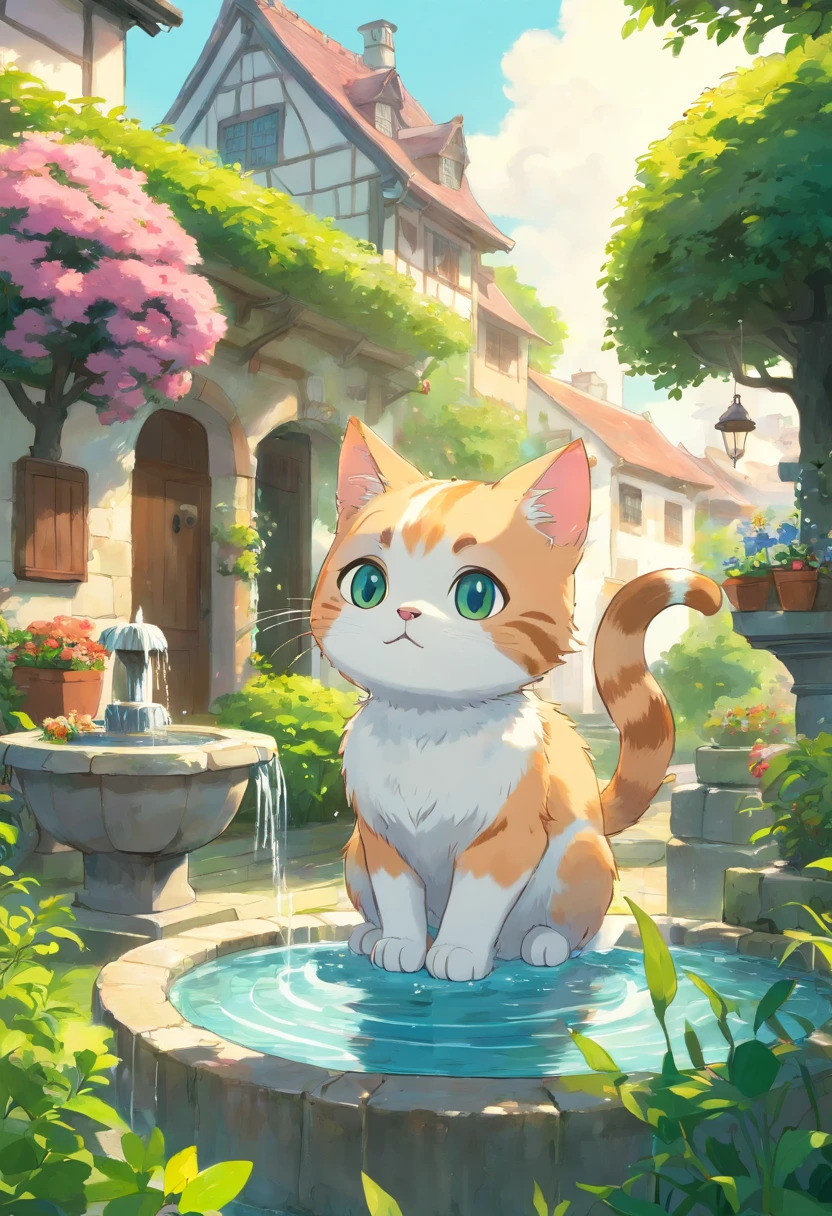 A round-eyed cute cat, Garden fountain, , Distant houses, cute, chibi