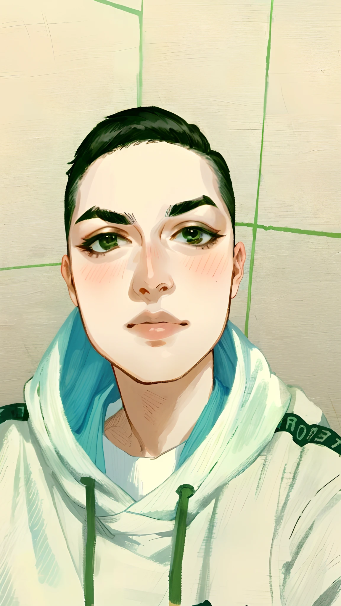 There's a woman with a shaved head and a hood, androgynous face, portrait androgynous girl, androgynous person, androgynous male, beautiful androgynous girl, non binary model, an epic non - binary model, androgynous, brincos enormes e maquiagem queer, androginia, attractive androgynous humanoid