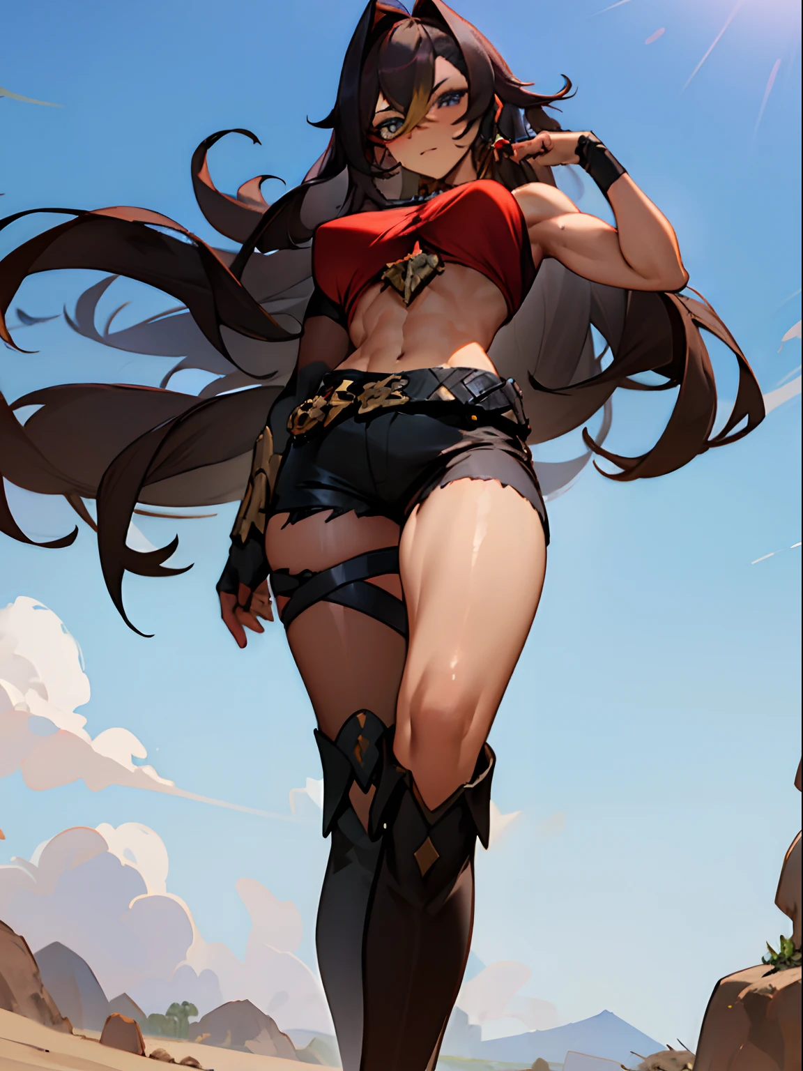 Anime giantess, giant breasts, gigantic breasts, giantess, masterpiece, best quality, flawless skin, detailed eyes, anime giantess, large chest, big breasts, thigh thighs, massive chest, dark brown hair, long hair, blonde highlights, light blue eyes, brown skin, dark skin, viewed from below, low angle, low shot, in desert, shorts, red and black bra, no shirt, highly detailed outfit, detailed character design, massive chest, gigantic chest, confident, mature giantess, dehya, dehya genshin impact, muscles, muscular, tomboy, outdoors, sky in background, giantess growth, growing larger, breast expansion, dark brown skin, dark skin colour, broad frame, giga giantess, giga breasts, sweat, sweaty, huge giantess, mercenary, sexy, confident, self assured, muscle girl, muscular arms, muscular thighs, broad shoulders, biggest breasts, perky breasts, mechanical right arm, garter belts, knee high boots, black boots, wearing multiple belts