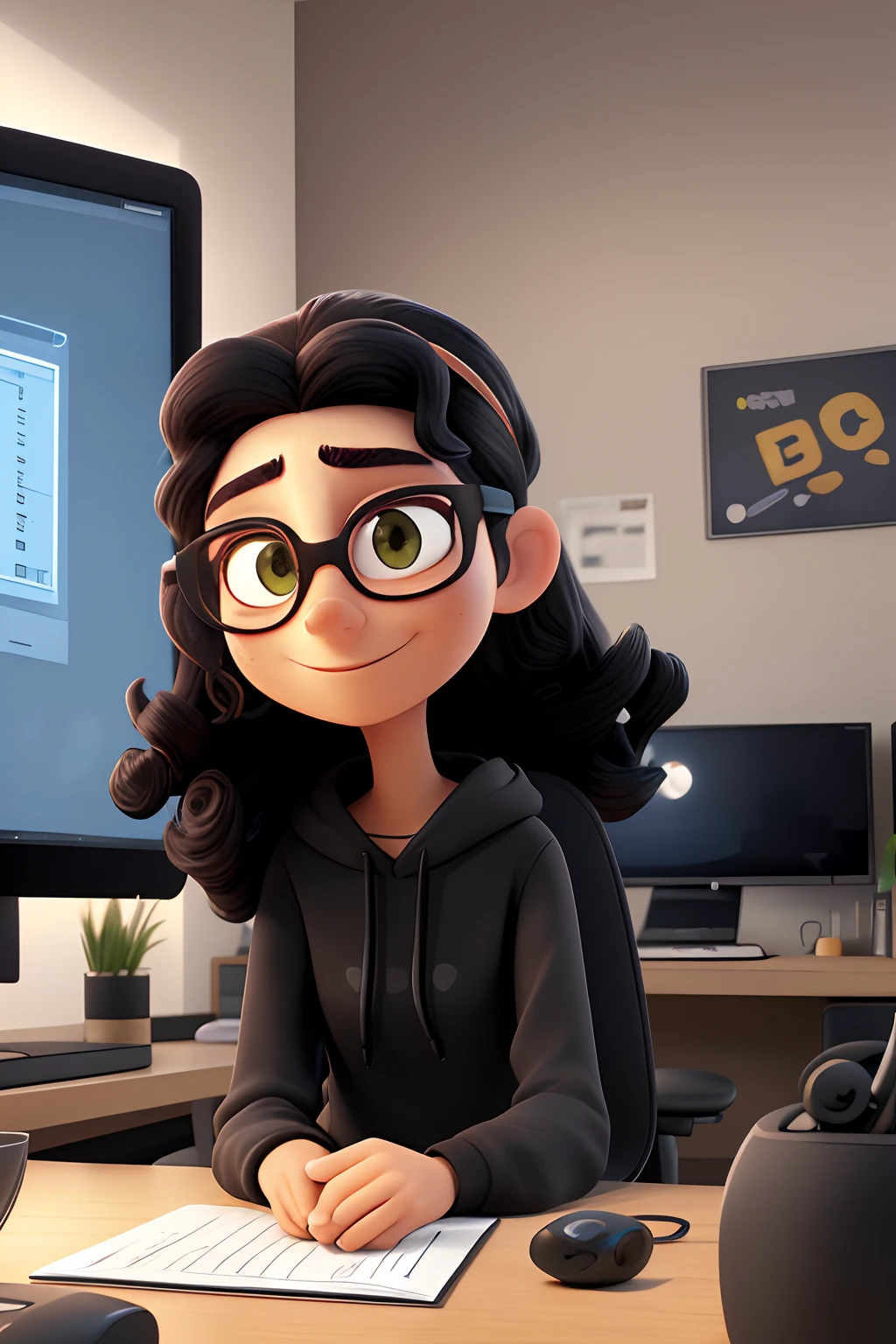 High Quality Image 3D Animation Style Disney Pixar Man 20 Years Old Thin Face Long Hair Up Shoulder Curly Black Side Party Round Black Glasses Black Eyes Brown Hooded Blouse Sitting Chair In Front Of Computer With Two Monitors Playing Game Sonic Headset Bedroom BedTitle cabinet on Euclides Victor monitor