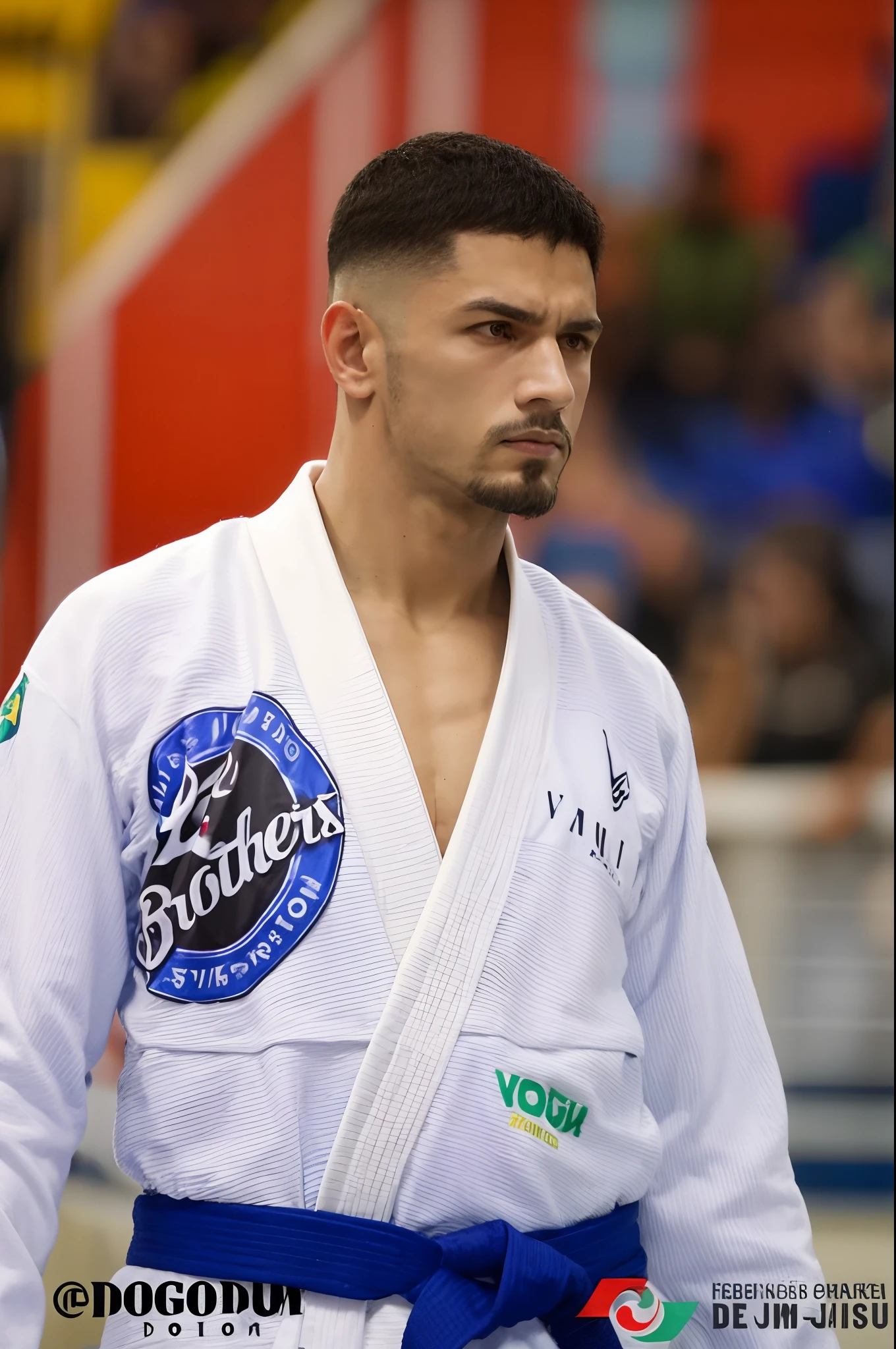 serious man, em um dojo, de kimono faixa azul, jiu-jitsu.