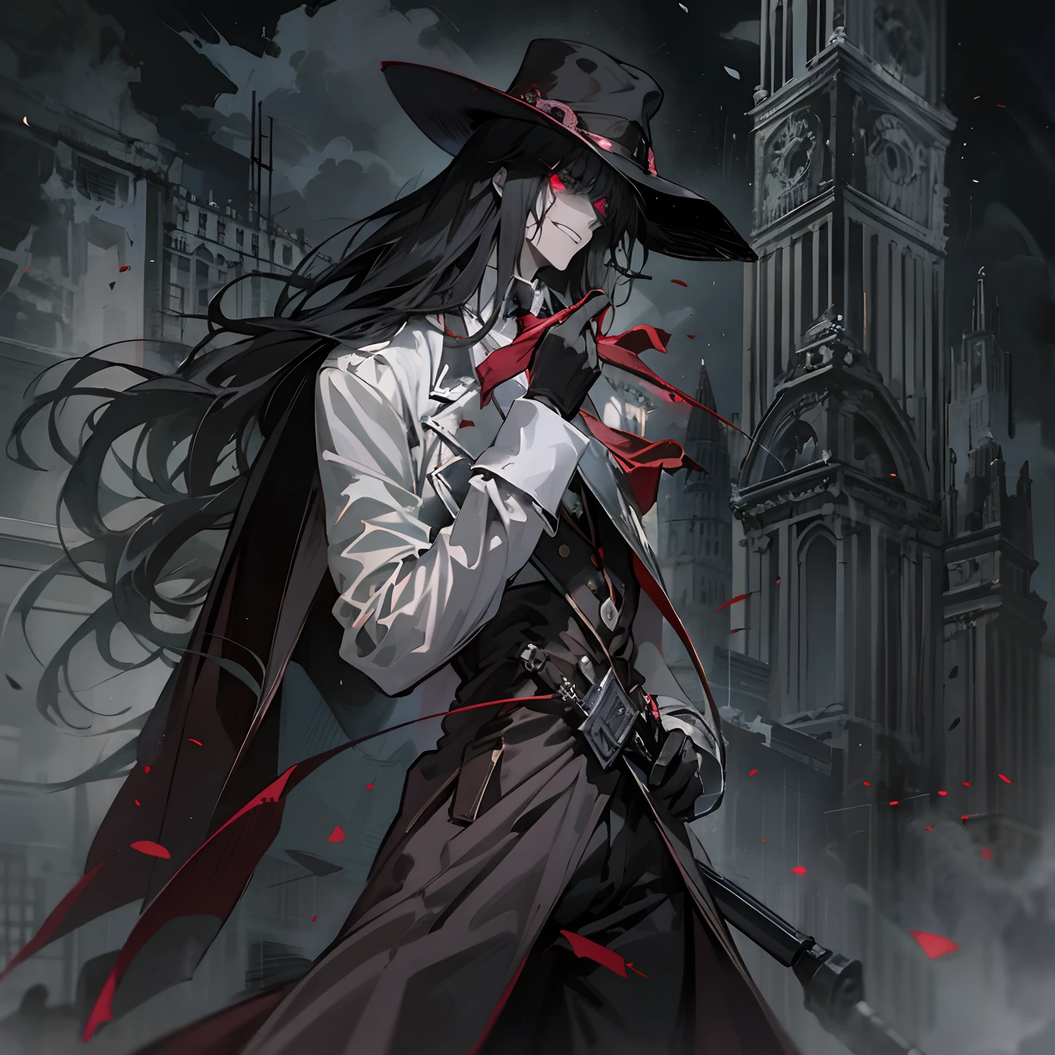 Alucard, The Charismatic Vampire from the Anime Series "Hellsing", He is an iconic figure with an impressive and ominous presence,His face has a pale complexion, Almost cadaverous, que contrasta fuertemente con su cabello oscuro y desordenado,Her crimson eyes, penetrantes y llenos de maldad, resaltan en su rostro,He always has a sardonic countenance and a mocking smile that gives him an air of defiance,las gafas de Alucard son un distintivo importante tiene unas gafas de sol negras, Classic style, que lleva incluso en lugares oscuros,These glasses become a symbol of his defiant and enigmatic attitude,su vestimenta es igualmente impresionante,usa un traje elegante de estilo victoriano que consta de un abrigo largo y rojo oscuro con detalles en negro, destacando su figura imponente,Debajo del abrigo, lleva una camisa blanca y una corbata negra bien ajustada. Complementa su atuendo con guantes negros y botas altas de estilo militar,Alucard is always accompanied by his weapons, He has a pair of gloves with sharp metal tips that he uses for melee fighting, in addition to carrying two powerful semi-automatic pistols called "Casull" y "chacal". These weapons are designed to take out your enemies with efficiency and style,su entorno suele ser oscuro y siniestro, representing their vampiric nature. Alucard se desenvuelve en lugares oscuros, Gloomy and full of mystery, como castillos abandonados o la noche en una ciudad,The atmosphere that surrounds it adds to its intimidating and sinister aura, Alucard es un vampiro que emana poder y misterio, con un estilo distintivo y armas letales, y se mueve en un entorno oscuro que refleja su naturaleza sobrenatural,