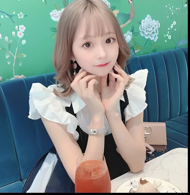 there is a woman sitting at a table with a drink and a plate of food, Larisa Manobal, ulzzangs, sakimichan, Belle Delphine, Lori, ❤🔥🍄🌪, 奈良美智, profile photo, loli in dress, shikamimi