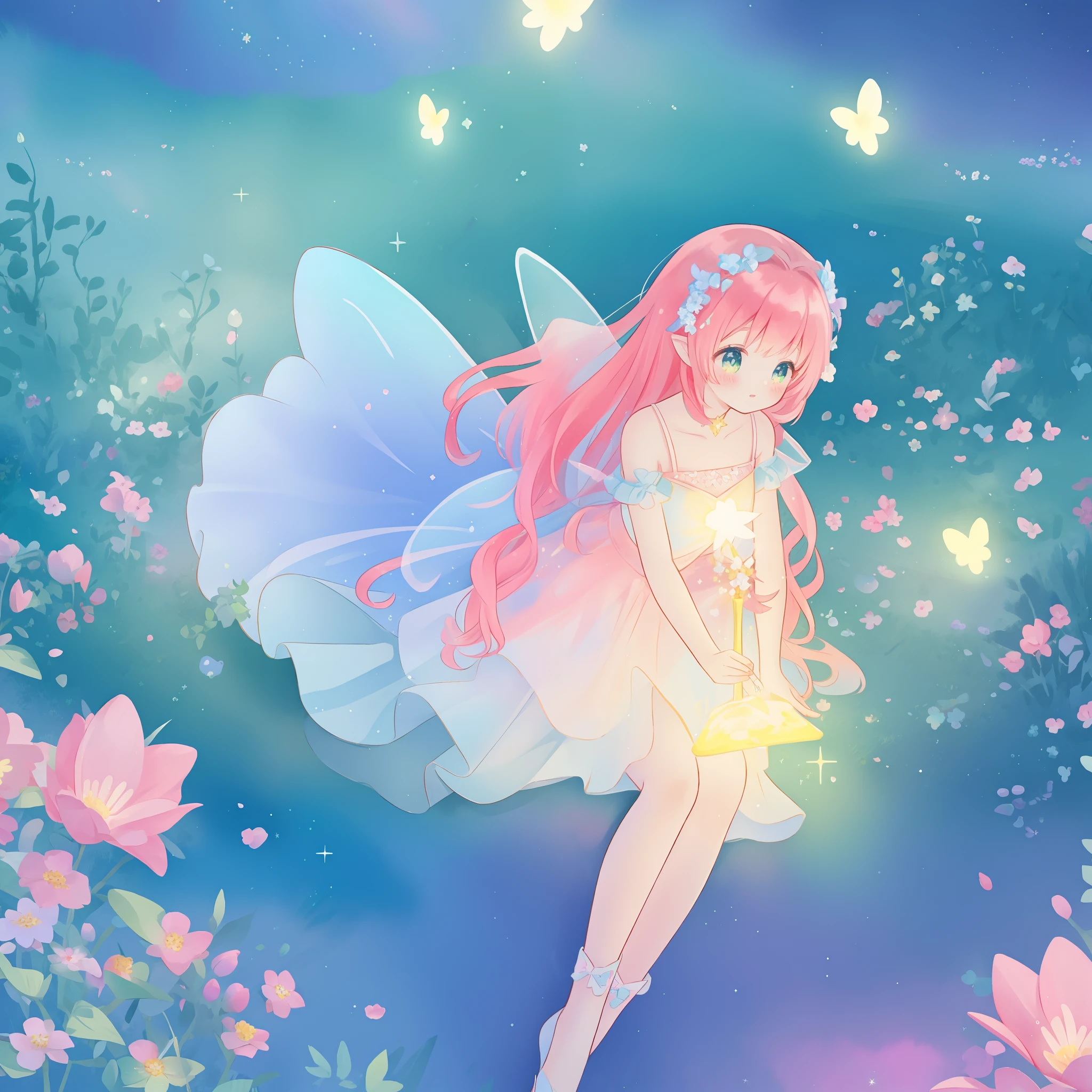 beautiful fairy girl in sparkling flowing dress, fairy dress, (huge sparkling fairy wings), fairy queen, ((magical colorful otherworldly landscape)), (glowing fairy wings), long red colorful hair, sparkling fairy wings, watercolor illustration, flowers and colorful plants, disney art style, glowing aura around her, glowing lights, beautiful digital illustration, fantasia otherworldly landscape plants flowers, beautiful, masterpiece, best quality, anime disney style