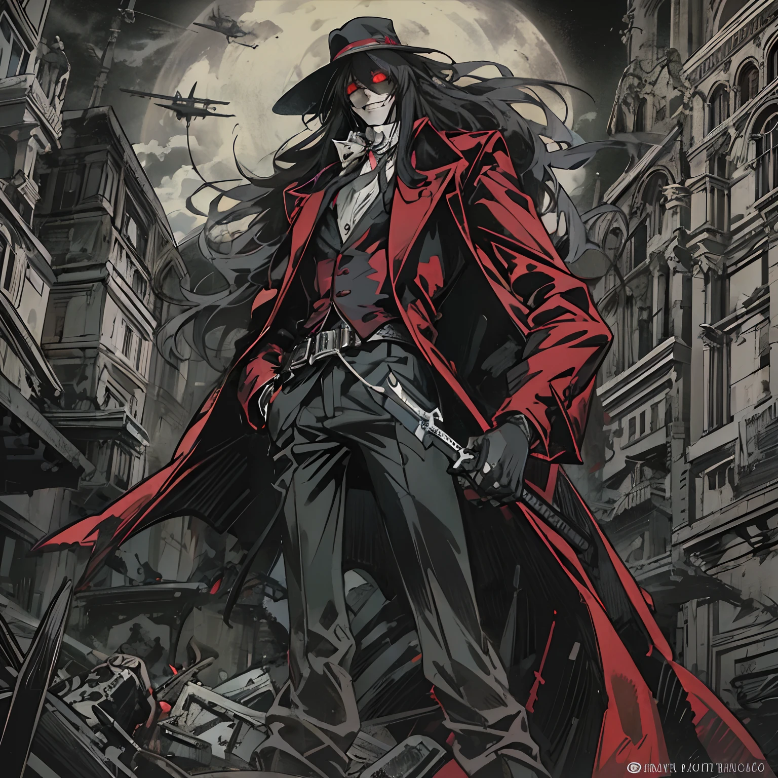 Alucard, The Charismatic Vampire from the Anime Series "Hellsing", He is an iconic figure with an impressive and ominous presence,His face has a pale complexion, Almost cadaverous, que contrasta fuertemente con su cabello oscuro y desordenado,Her crimson eyes, penetrantes y llenos de maldad, resaltan en su rostro,He always has a sardonic countenance and a mocking smile that gives him an air of defiance,las gafas de Alucard son un distintivo importante tiene unas gafas de sol negras, Classic style, que lleva incluso en lugares oscuros,These glasses become a symbol of his defiant and enigmatic attitude,su vestimenta es igualmente impresionante,usa un traje elegante de estilo victoriano que consta de un abrigo largo y rojo oscuro con detalles en negro, destacando su figura imponente,Debajo del abrigo, lleva una camisa blanca y una corbata negra bien ajustada. Complementa su atuendo con guantes negros y botas altas de estilo militar,Alucard is always accompanied by his weapons, He has a pair of gloves with sharp metal tips that he uses for melee fighting, in addition to carrying two powerful semi-automatic pistols called "Casull" y "chacal". These weapons are designed to take out your enemies with efficiency and style,su entorno suele ser oscuro y siniestro, representing their vampiric nature. Alucard se desenvuelve en lugares oscuros, Gloomy and full of mystery, como castillos abandonados o la noche en una ciudad,The atmosphere that surrounds it adds to its intimidating and sinister aura, Alucard es un vampiro que emana poder y misterio, con un estilo distintivo y armas letales, y se mueve en un entorno oscuro que refleja su naturaleza sobrenatural,