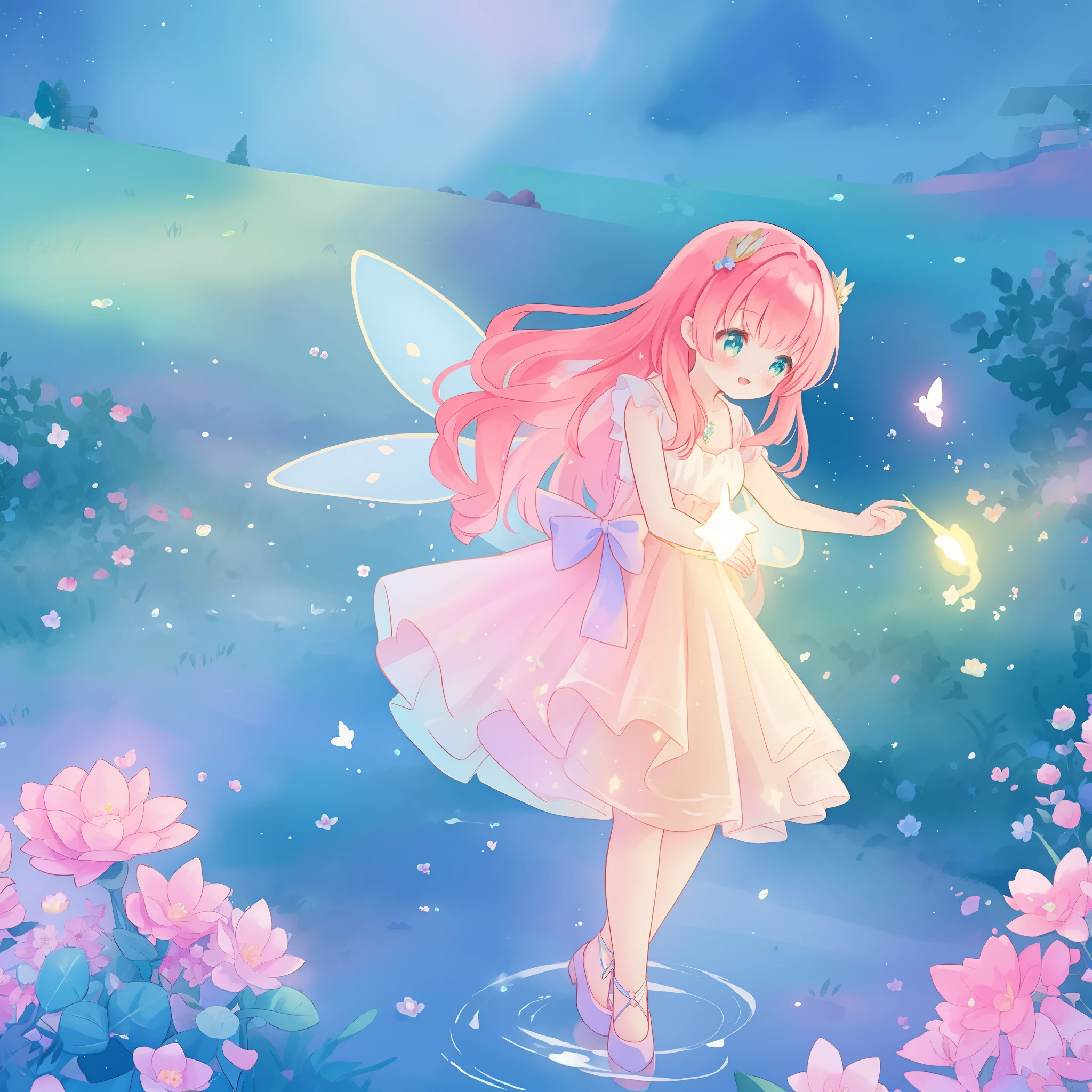 beautiful fairy girl in sparkling flowing dress, fairy dress, (huge sparkling fairy wings), fairy queen, ((magical colorful otherworldly landscape)), (glowing fairy wings), long red colorful hair, sparkling fairy wings, watercolor illustration, flowers and colorful plants, disney art style, glowing aura around her, glowing lights, beautiful digital illustration, fantasia otherworldly landscape plants flowers, beautiful, masterpiece, best quality, anime disney style