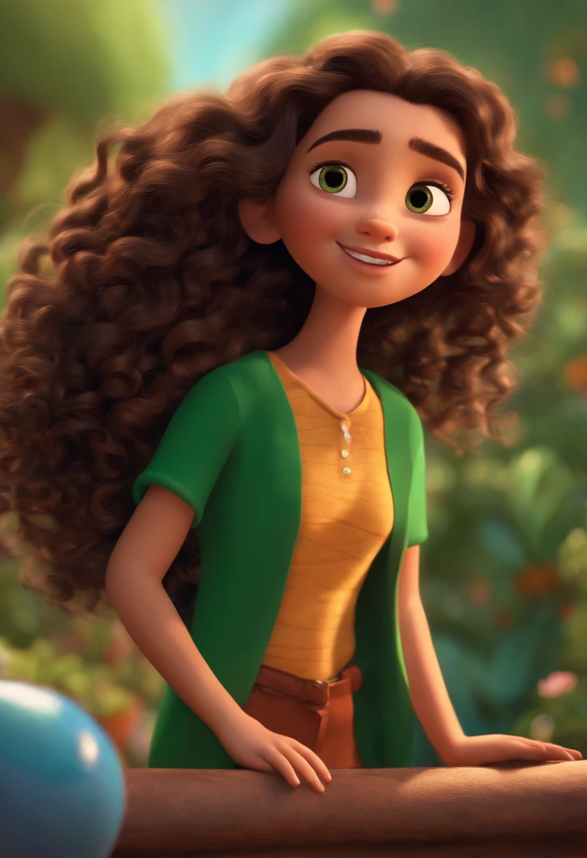 Image of a girl for a story in a YouTube video in Pixar format, she's little Josi, She has dark brown shoulder-length curly hair, ela tem olhos verdes, He's outgoing, Playful and gets up for a lot of things, cabelo curto