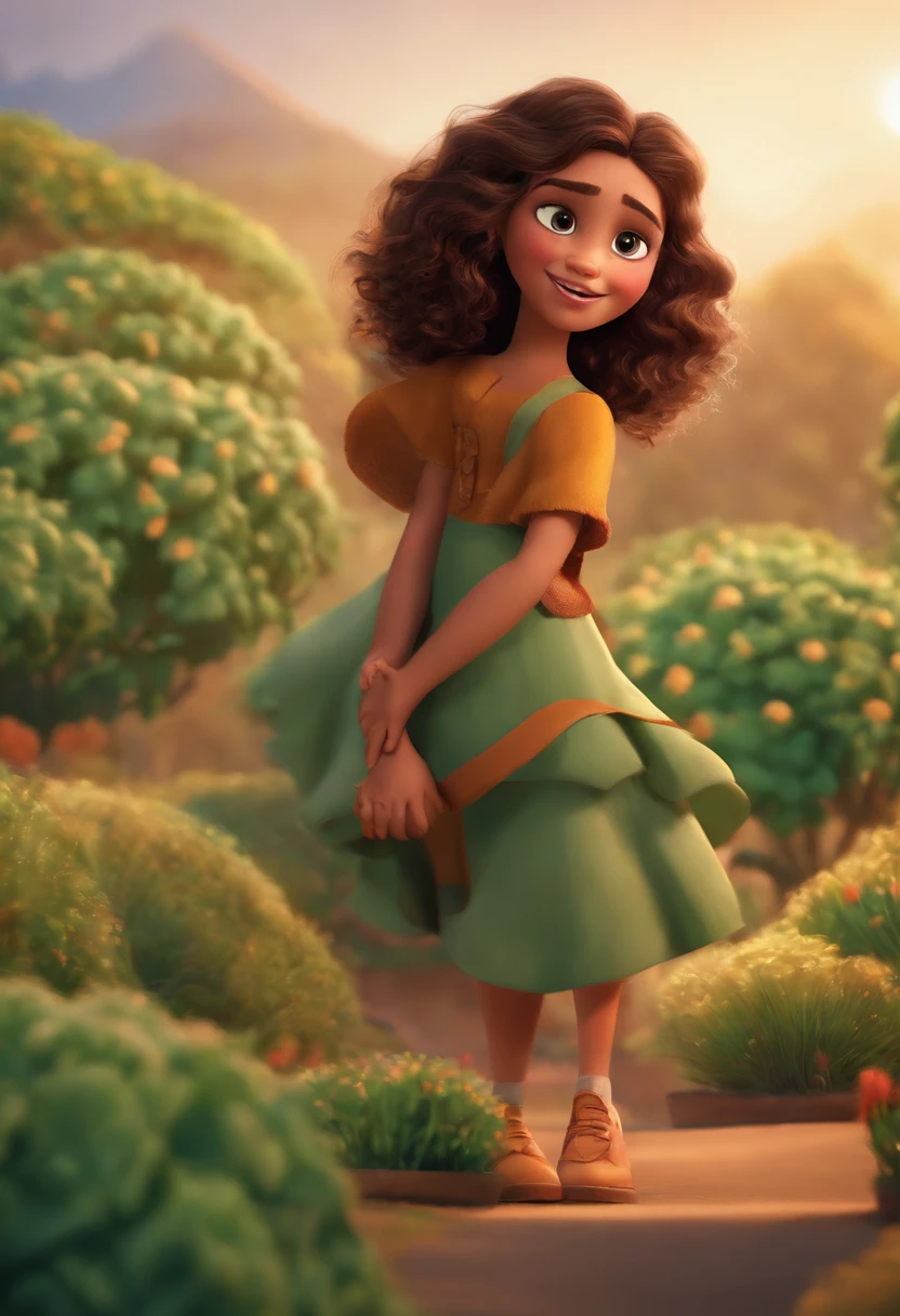Image of a girl for a story in a YouTube video in Pixar format, she's little Josi, She has dark brown shoulder-length curly hair, ela tem olhos verdes, He's outgoing, Playful and gets up for a lot of things, cabelo curto