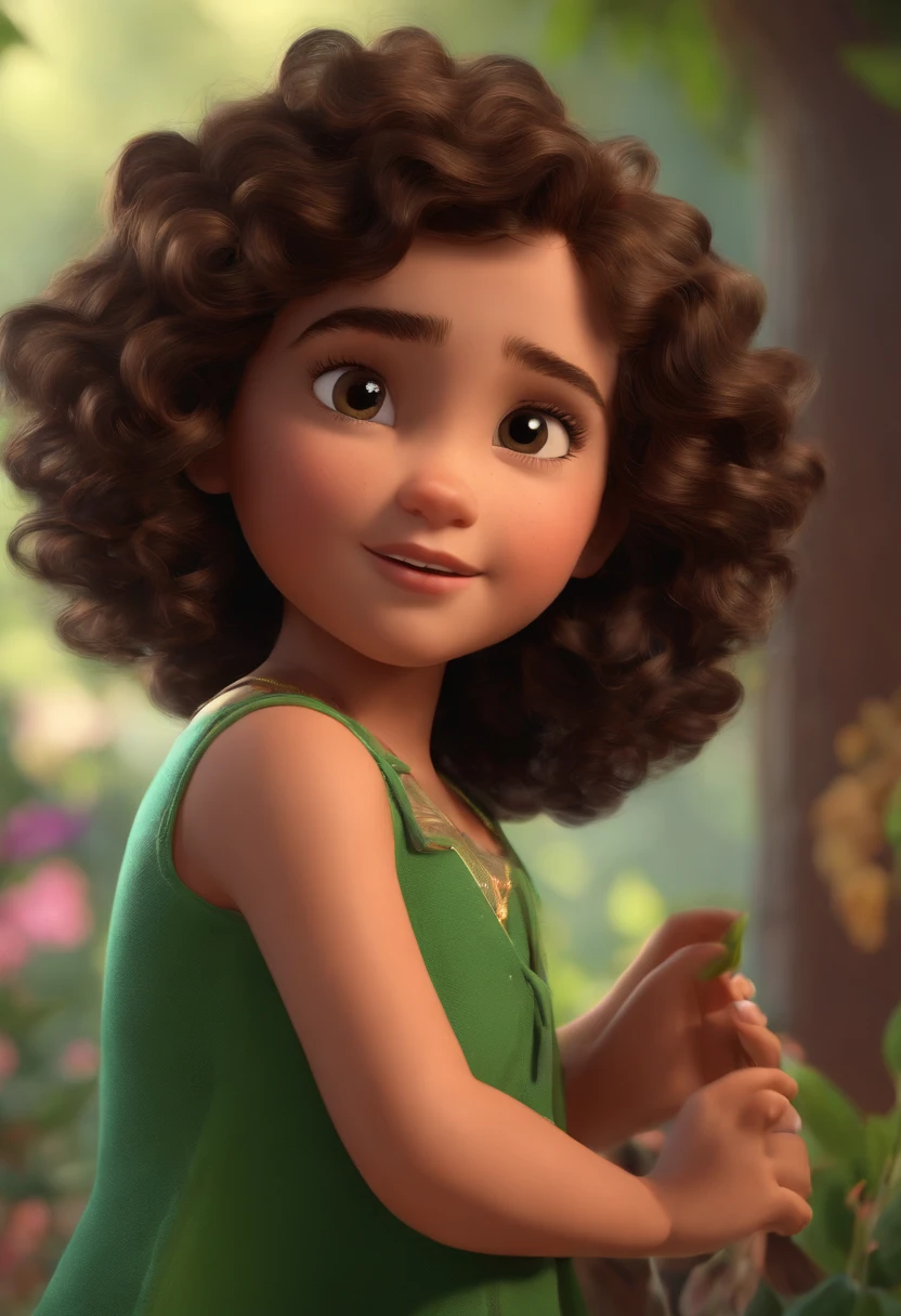 Image of a girl for a story in a YouTube video in Pixar format, she's Josi, She has dark brown shoulder-length curly hair, ela tem olhos verdes, He's outgoing, Playful and gets up for a lot of things, cabelo curto