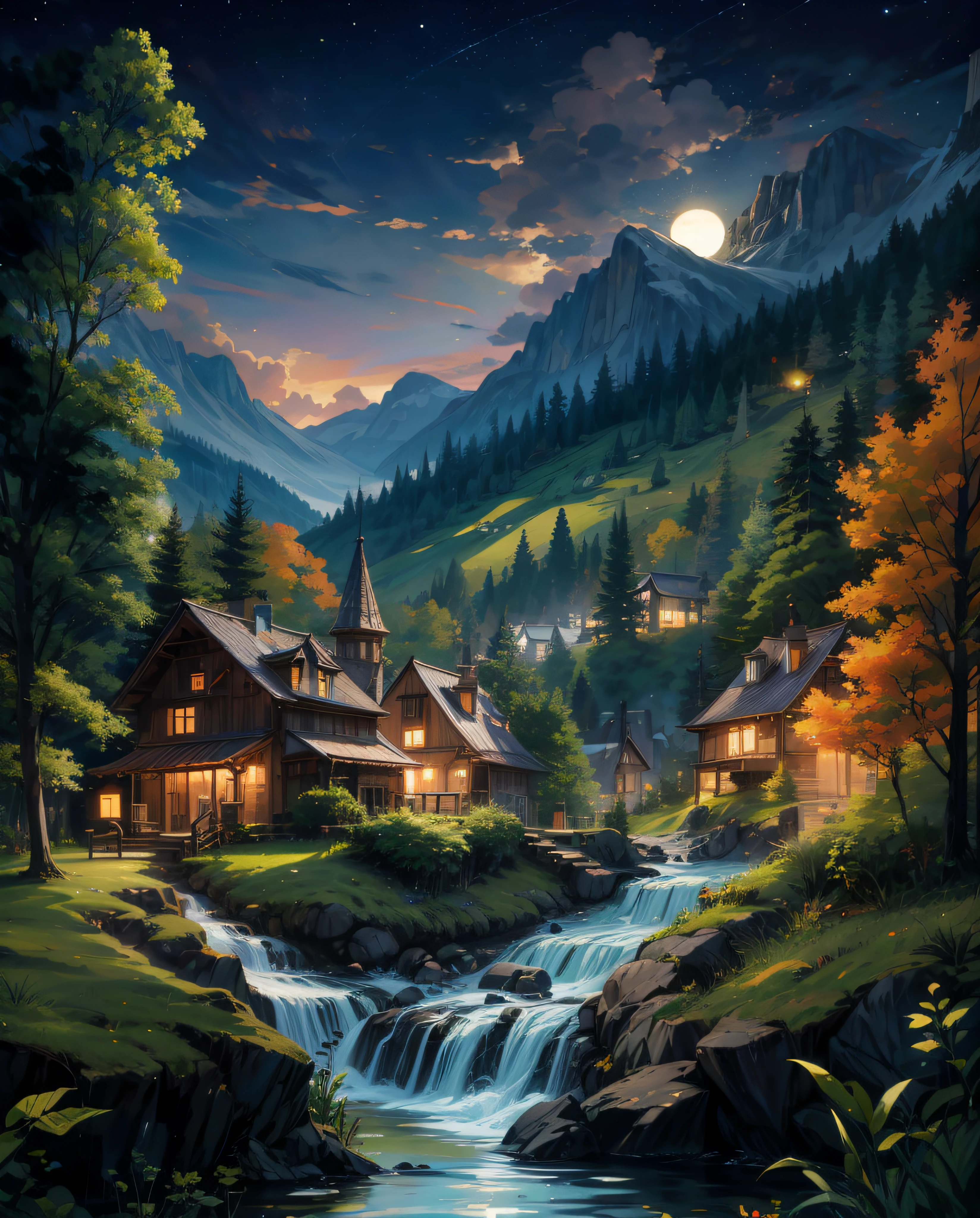 pintura de uma vista da montanha da meia-noite, bela vibe lofi calma,waterfall, luzes suspensas  , Noite estrelada,4K HD |, Cloud,Arte bonita UHD 4K, a beautiful artwork illustration, pintura digital bonita, pintura digital altamente detalhada, bela arte digital, pintura detalhada 4K, pintura digital muito detalhada, ricas cores pitorescas, lindo pintura digital