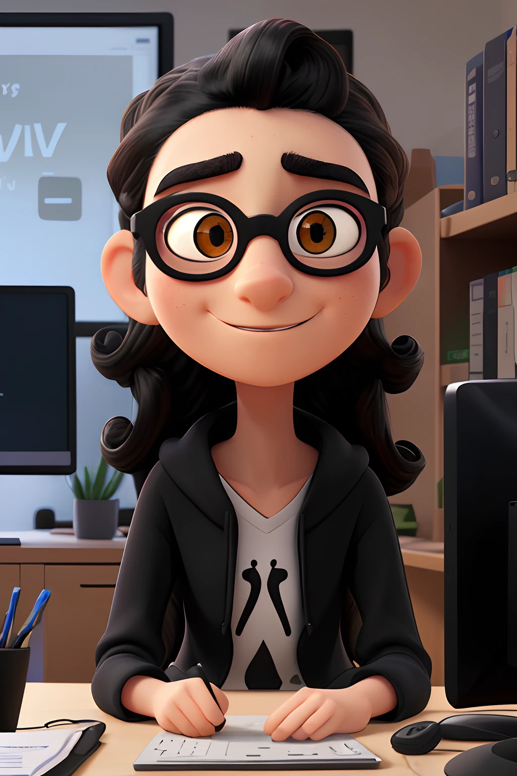 High Quality Image 3D Animation Style Disney Pixar Man 20 Years Old Thin Face Long Hair Up Shoulder Curly Black Side Party Round Black Glasses Black Eyes Brown Hooded Blouse Sitting Chair In Front Of Computer With Two Monitors Playing Game Sonic Headset Bedroom BedTitle cabinet on Euclides Victor monitor