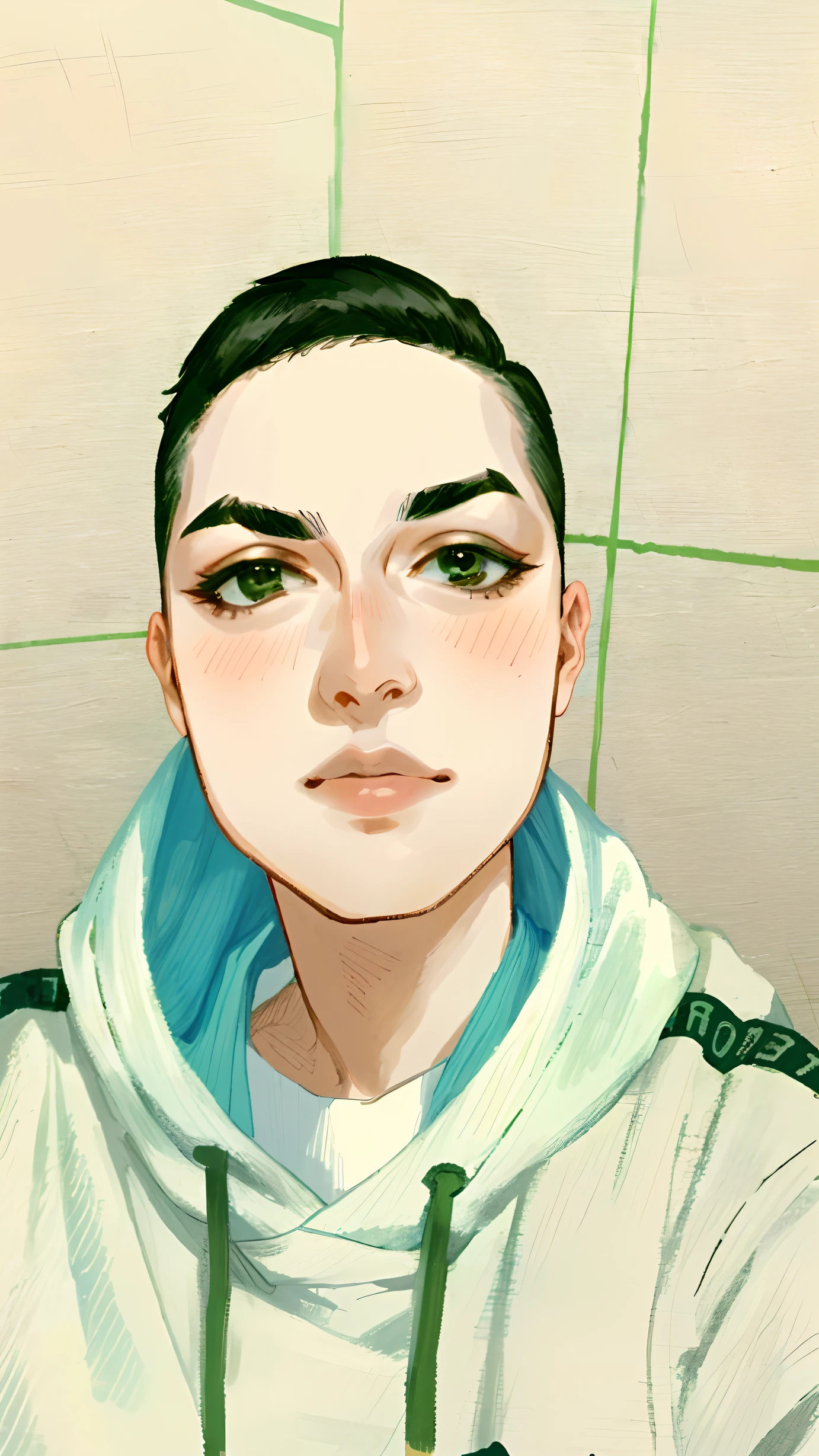 There's a woman with a shaved head and a hood, androgynous face, portrait androgynous girl, androgynous person, androgynous male, beautiful androgynous girl, non binary model, an epic non - binary model, androgynous, brincos enormes e maquiagem queer, androginia, attractive androgynous humanoid